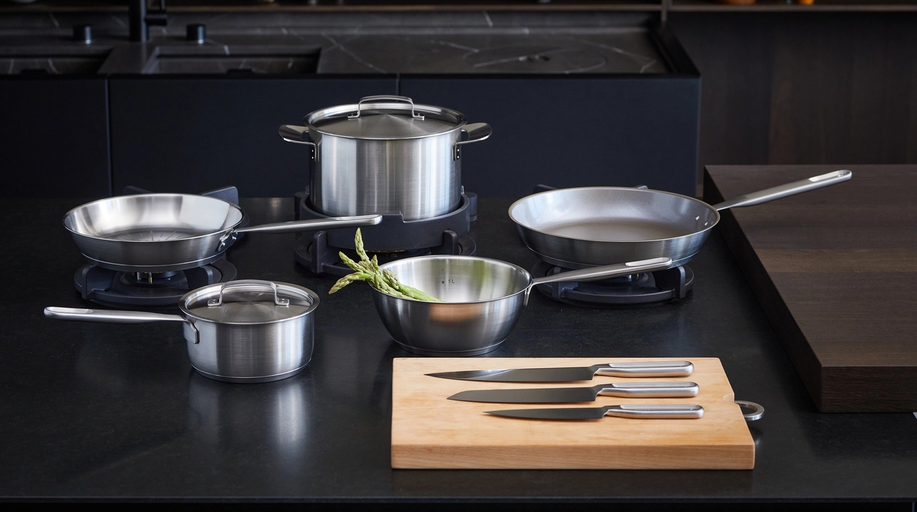 Fiskars All Steel stekepanne og kjeler på en svart kjøkkenbenk