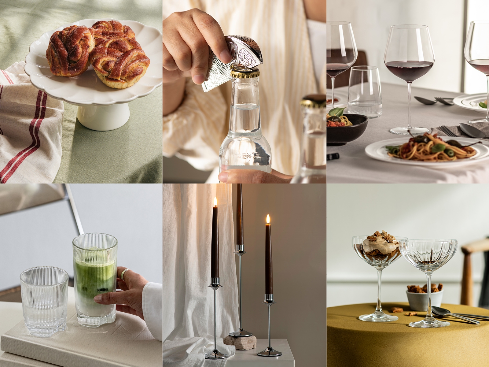 Kollage med bakverk, flasköppnare, vinglas, dricksglas, ljusstakar och dessertskålar i stilfulla dukningar.