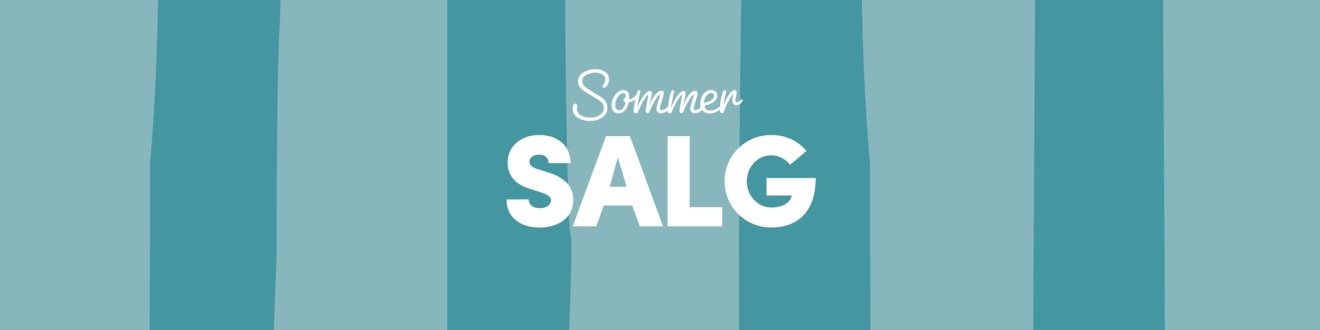 Banner med teksten «Sommer SALG» i hvitt på en bakgrunn med vertikale blå og turkise striper.
