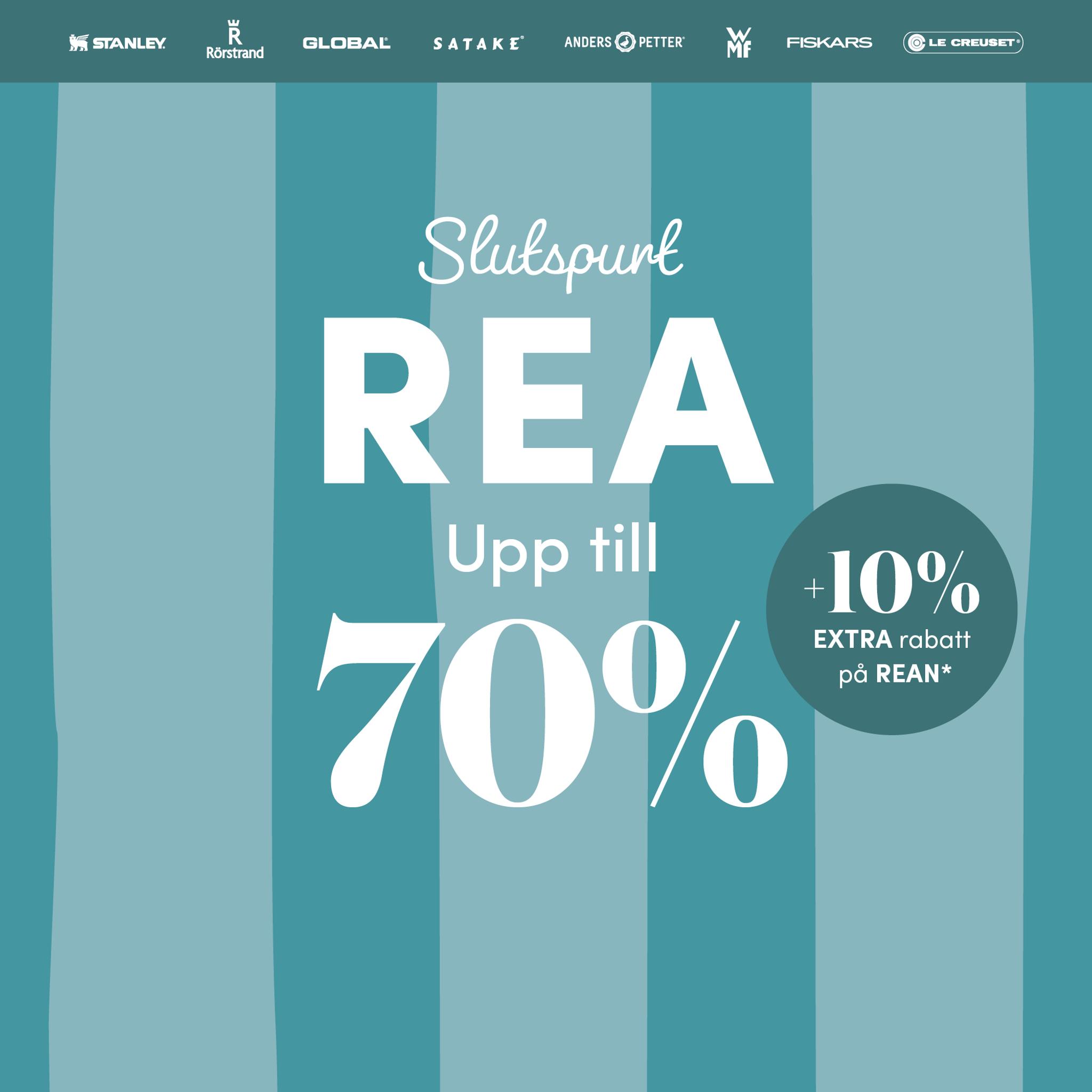 Turkos kampanjbild med texten ”Slutspurt REA upp till 70% +10% extra rabatt på rean” och logotyper för köks- och varumärken överst.