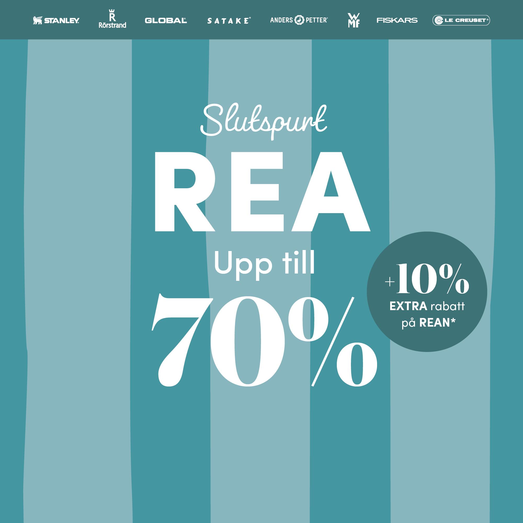 Turkos kampanjbild med texten ”Slutspurt REA upp till 70% +10% extra rabatt på rean” och logotyper för köks- och varumärken överst.