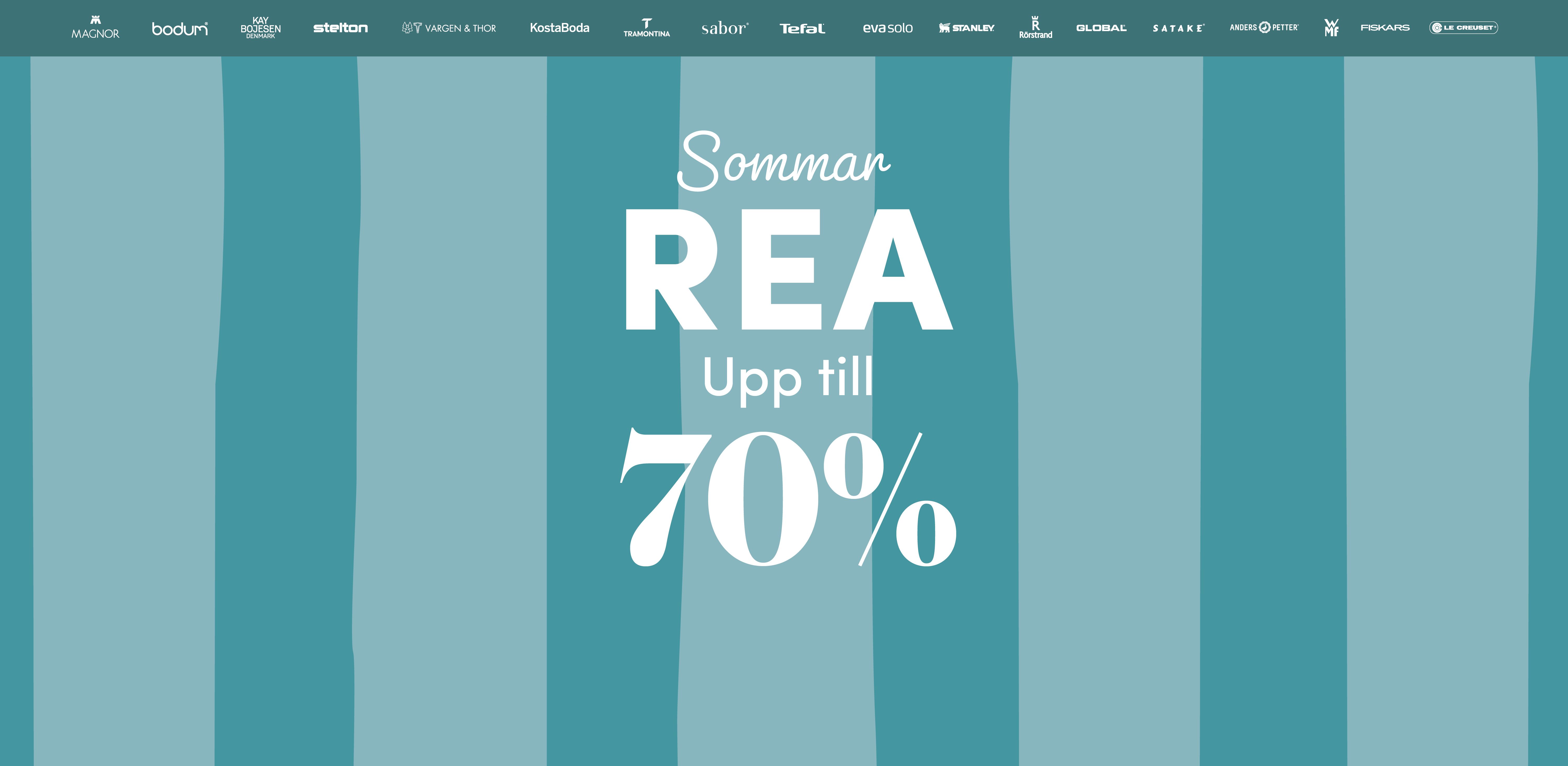 Banner med texten ”Sommarrea upp till 70%” mot turkosrandig bakgrund.