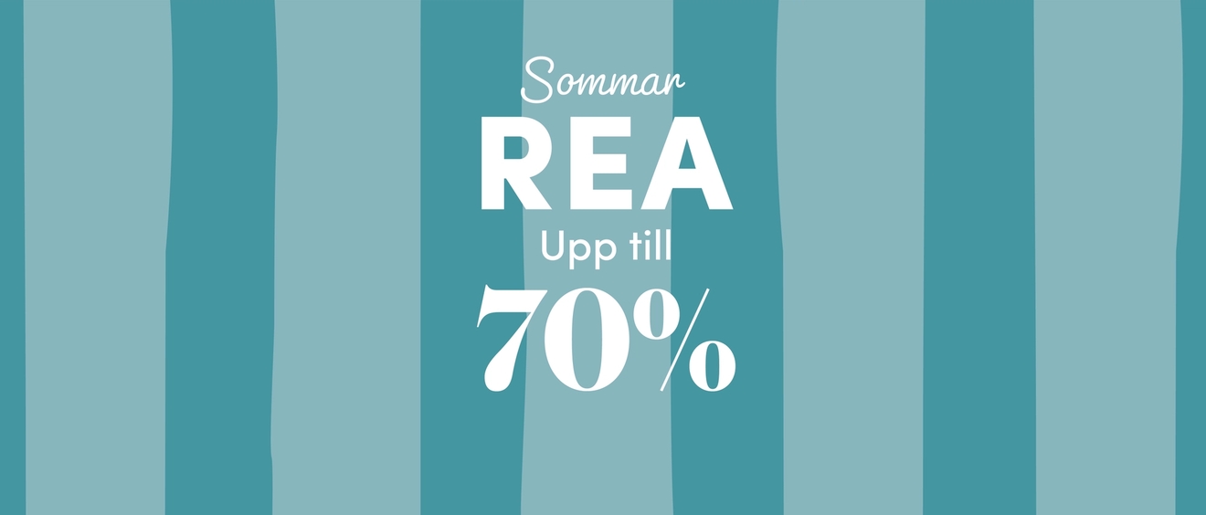 Banner med texten 'Sommarrea upp till 70 %' mot turkosrandig bakgrund.