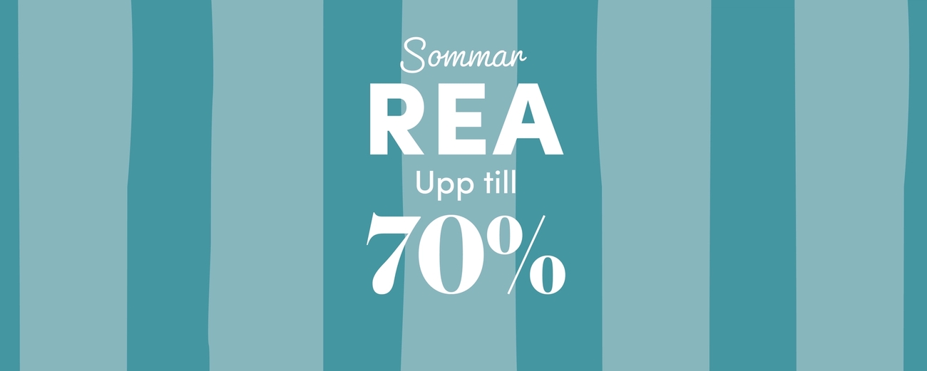 Banner med texten 'Sommarrea upp till 70 %' mot turkosrandig bakgrund.