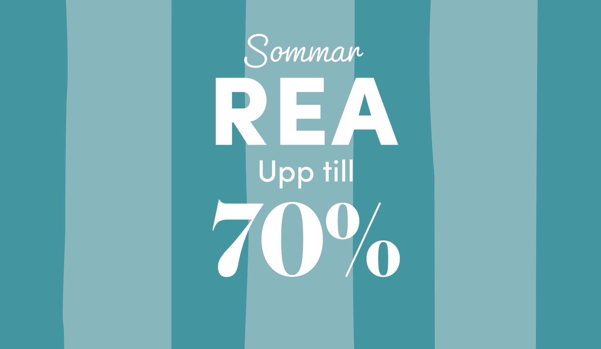 Banner med texten ”Sommarrea upp till 70%” mot turkosrandig bakgrund.