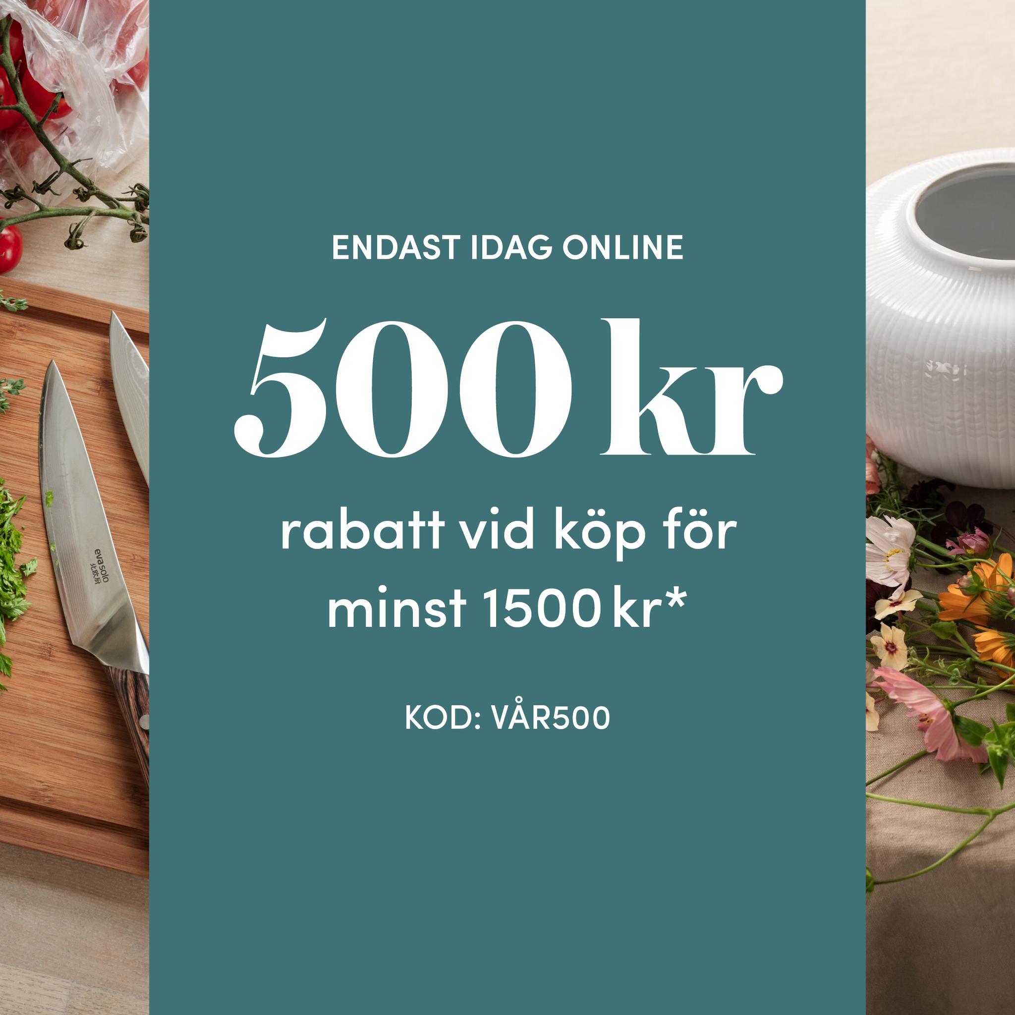 Värdecheck med erbjudandet 500 kr rabatt vid köp för 1500 kr. Vårig bild med blommor och kökstillsbehör
