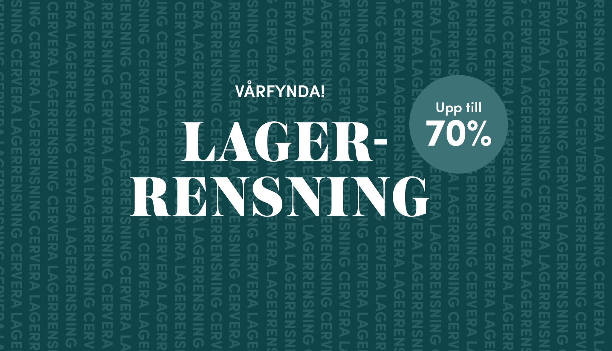 Reklambanner för "LAGER-RENSNING" med "Upp till 70%" rabatt.