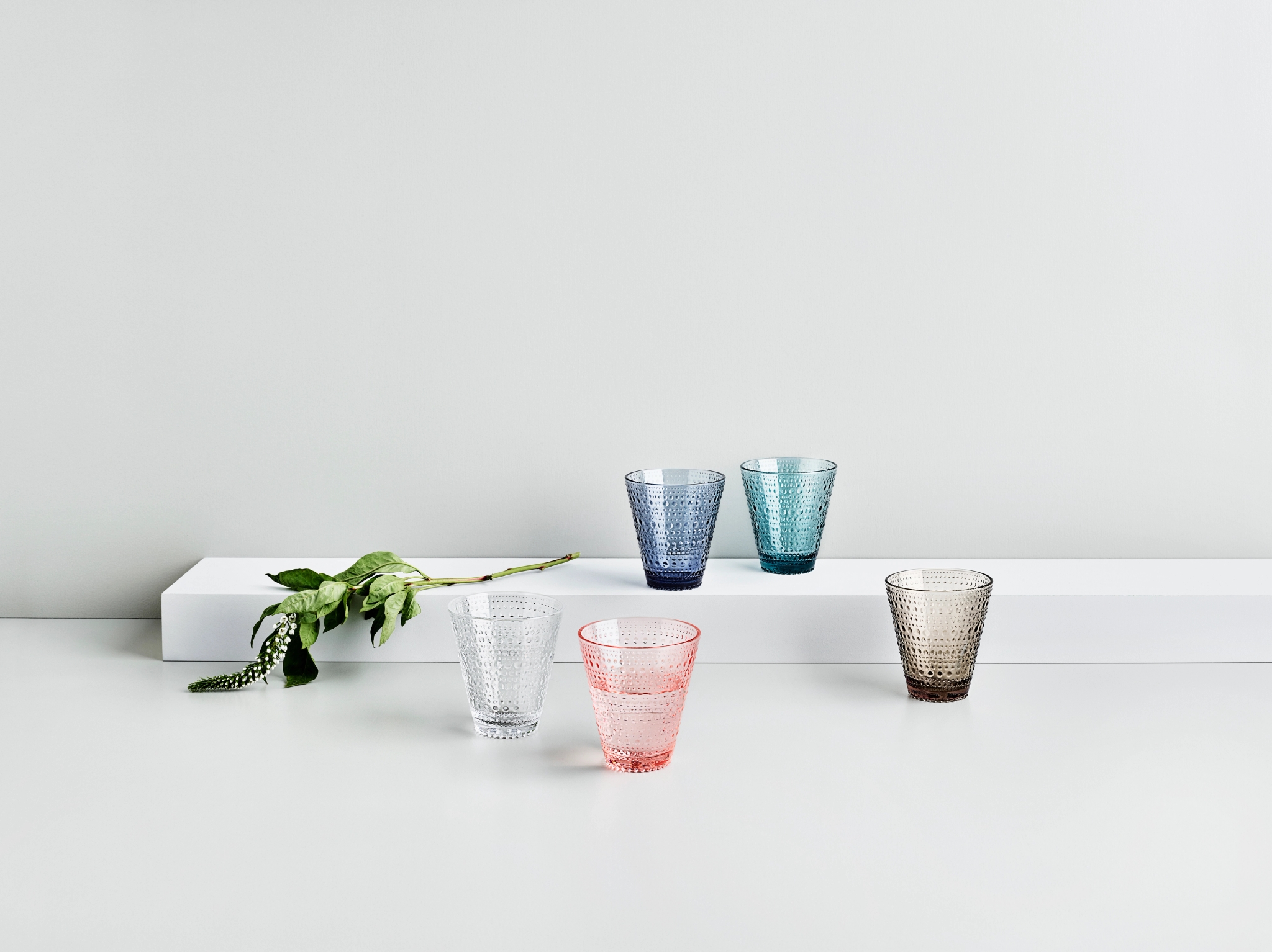 Drikkeglass Iittala Kastehelmi i ulike farger, samt grønn kvist mot hvit bakgrunn