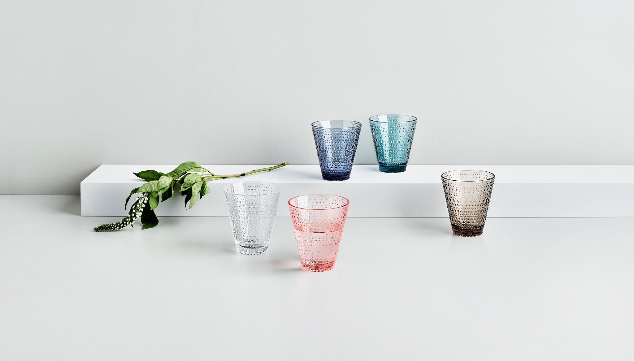 Dricksglas Iittala kastehelmi i olika färger samt grön kvist mot vit bakgrund