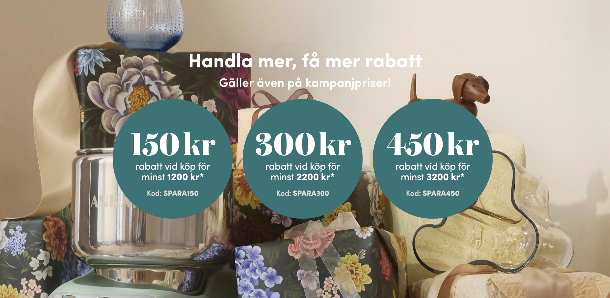 Kampanjbild med köksprodukter och presentförpackningar som visar rabattkoder på 150, 300 och 450 kronor vid köp över angivna belopp.
