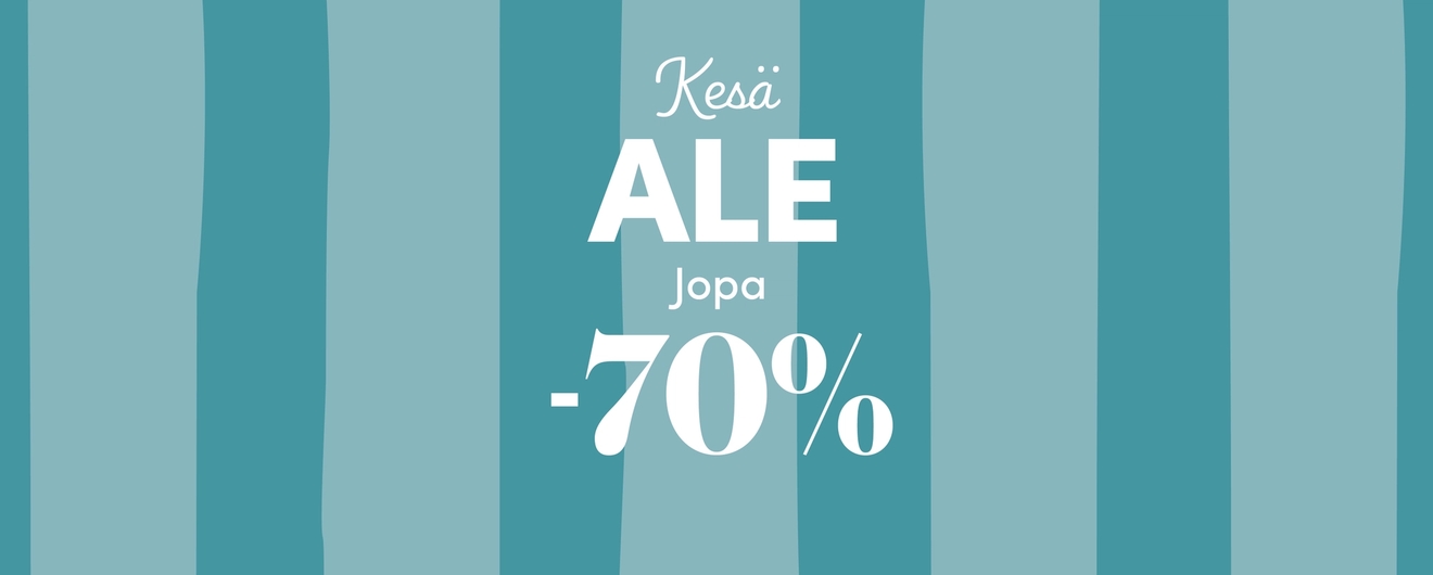 Kesäale-mainos, jossa turkoosilla raidallisella taustalla teksti 'Kesä ALE jopa -70 %' ja yläreunassa brändilogot.