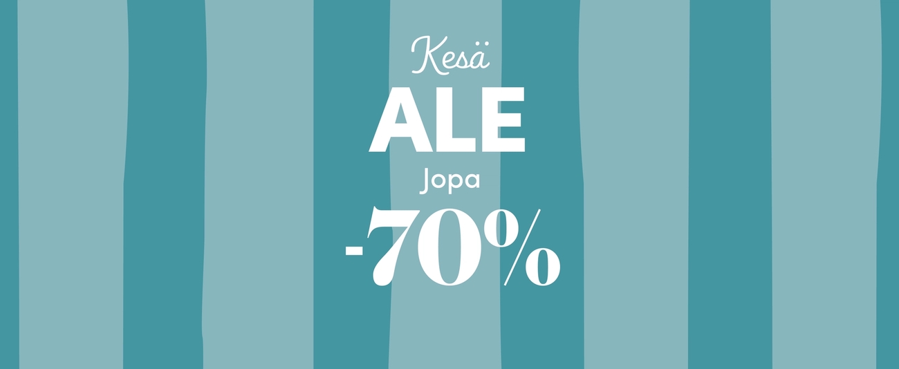 Turkoosinsävyinen mainoskuva, jossa teksti 'Kesä ALE jopa -70 %' ja yläreunassa tunnettujen keittiöbrändien logot.