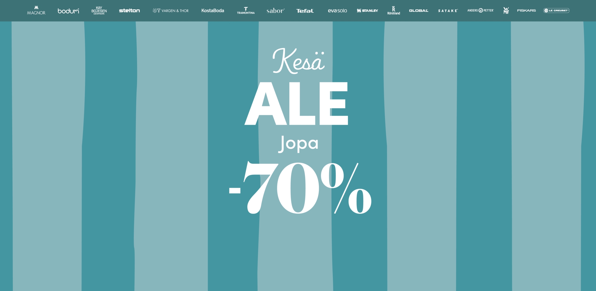 Kesäale-mainos, jossa turkoosilla taustalla teksti 'Kesä ALE jopa -70 %' ja yläreunassa tunnettujen keittiöbrändien logot.