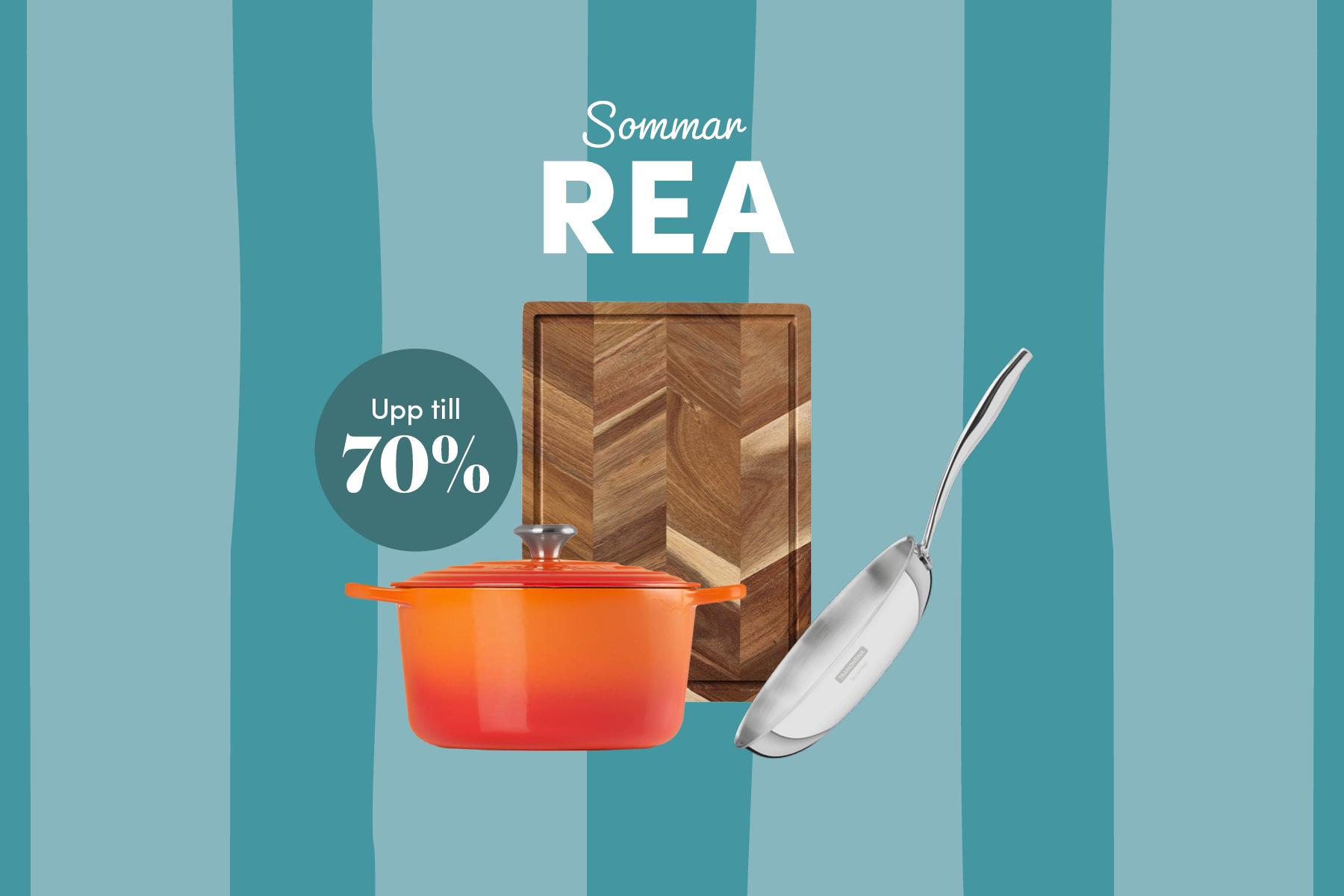 Sommarrea på köksprodukter med gryta, stekpanna och skärbräda – upp till 70 % rabatt.