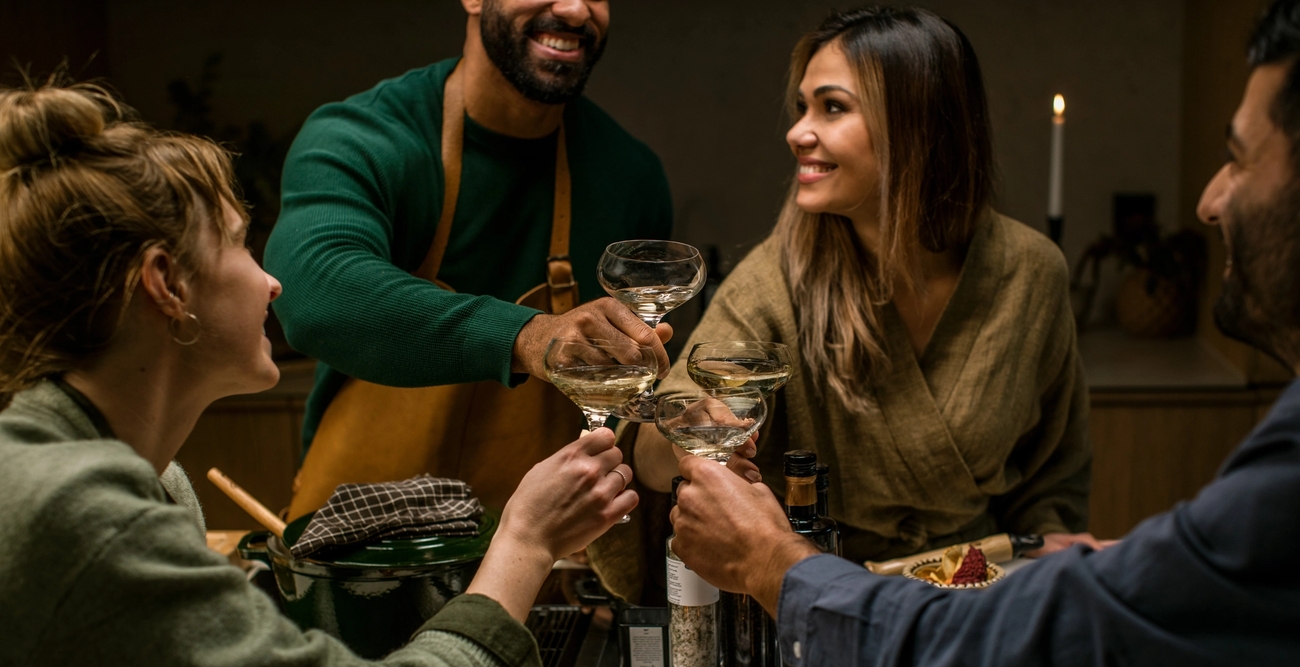 Personer som skålar med vackra glas runt ett bord