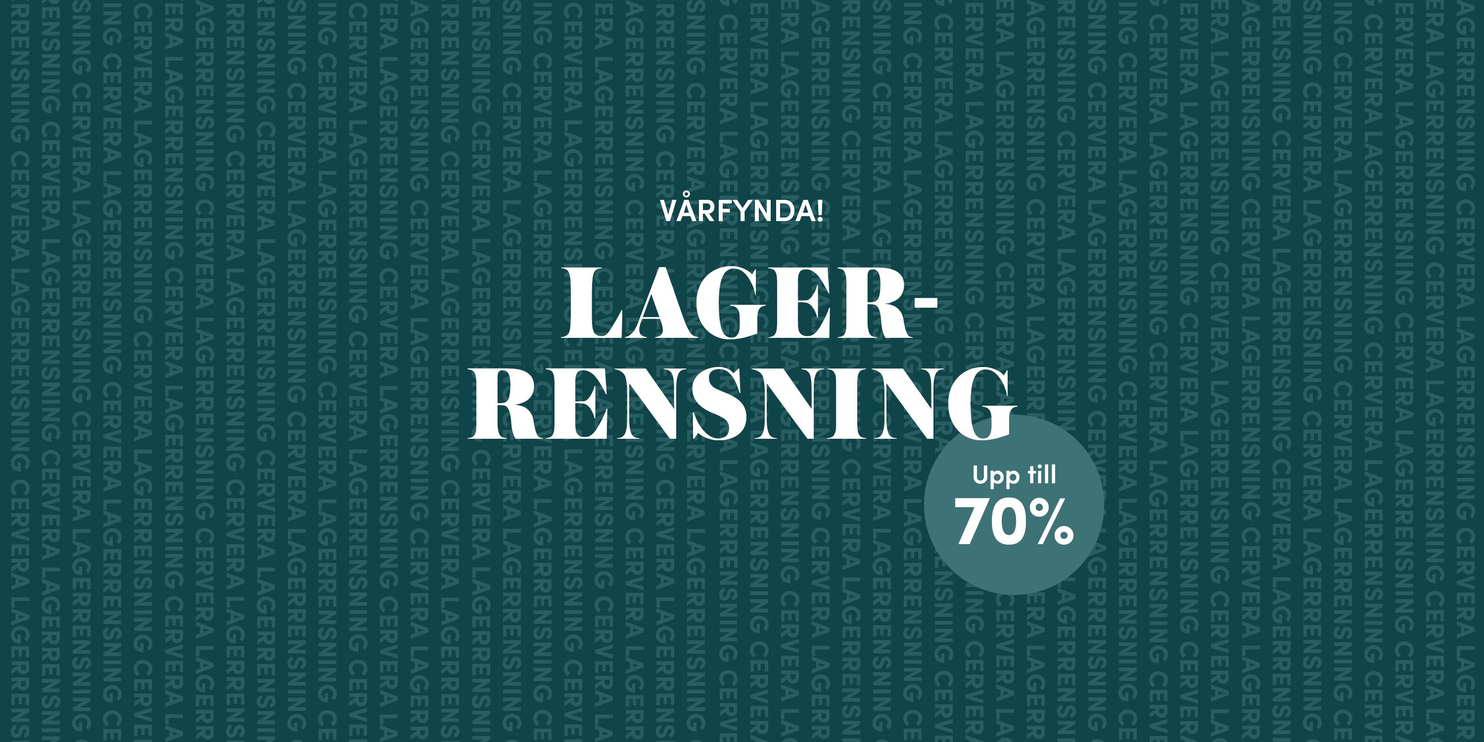 Reklambanner för "LAGER-RENSNING" med "Upp till 70%" rabatt.