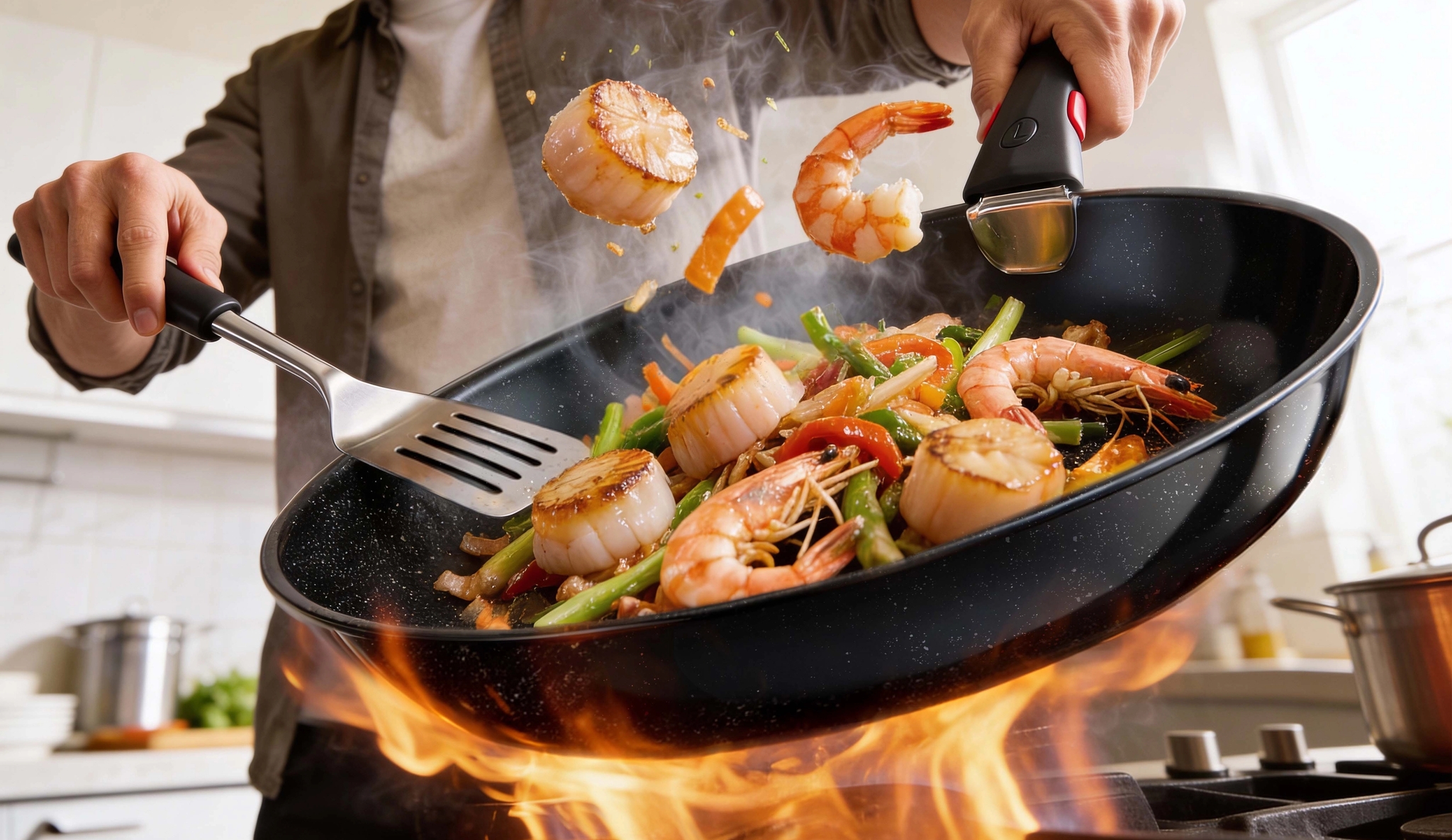 Mann steker scampi og grønnsaker i en flammende stekepanne på komfyren.