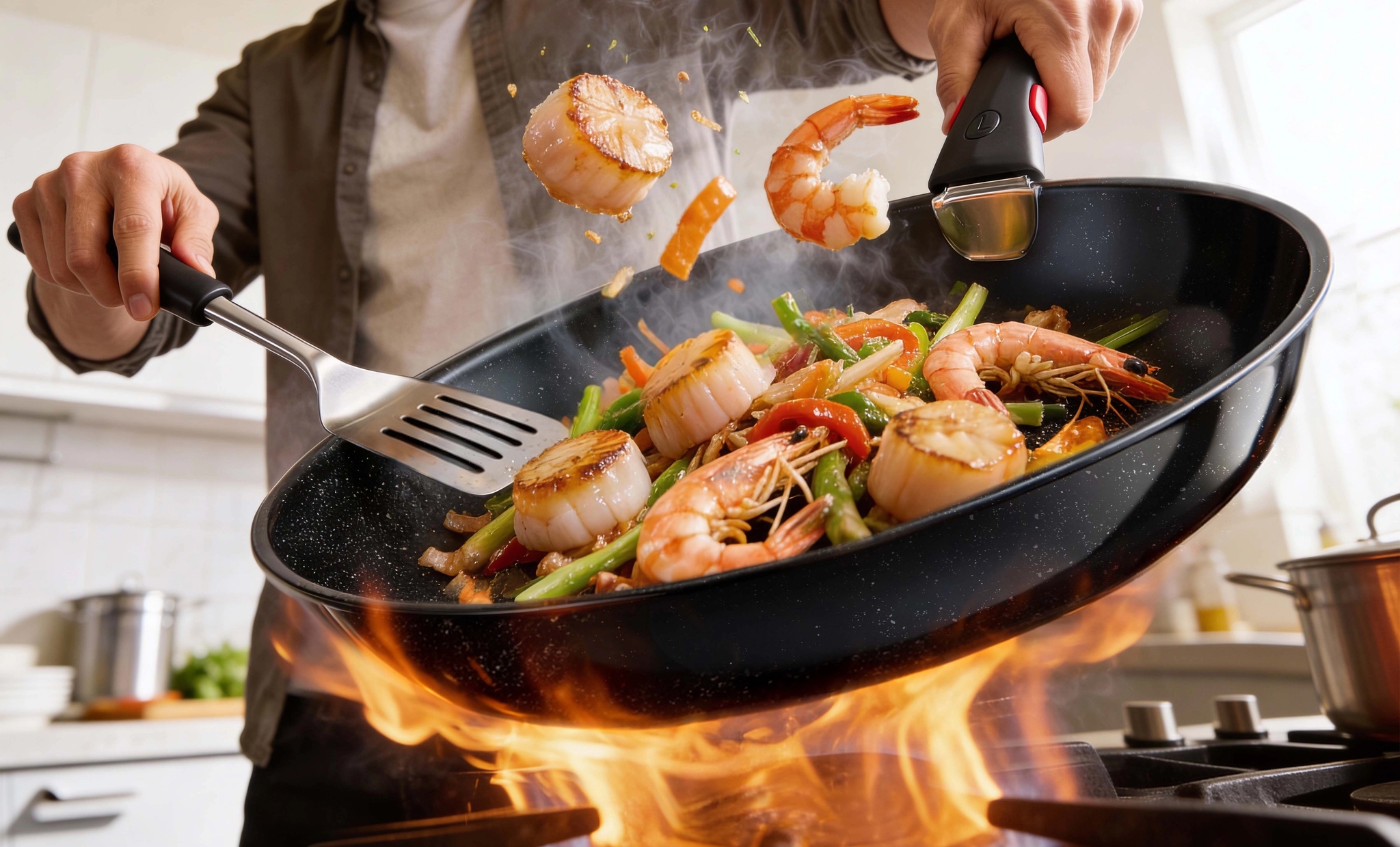Mann steker scampi og kamskjell med grønnsaker i en flammende stekepanne på kjøkkenet.