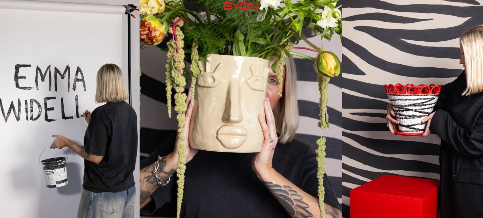 a woman is holding a vase with a face on it .