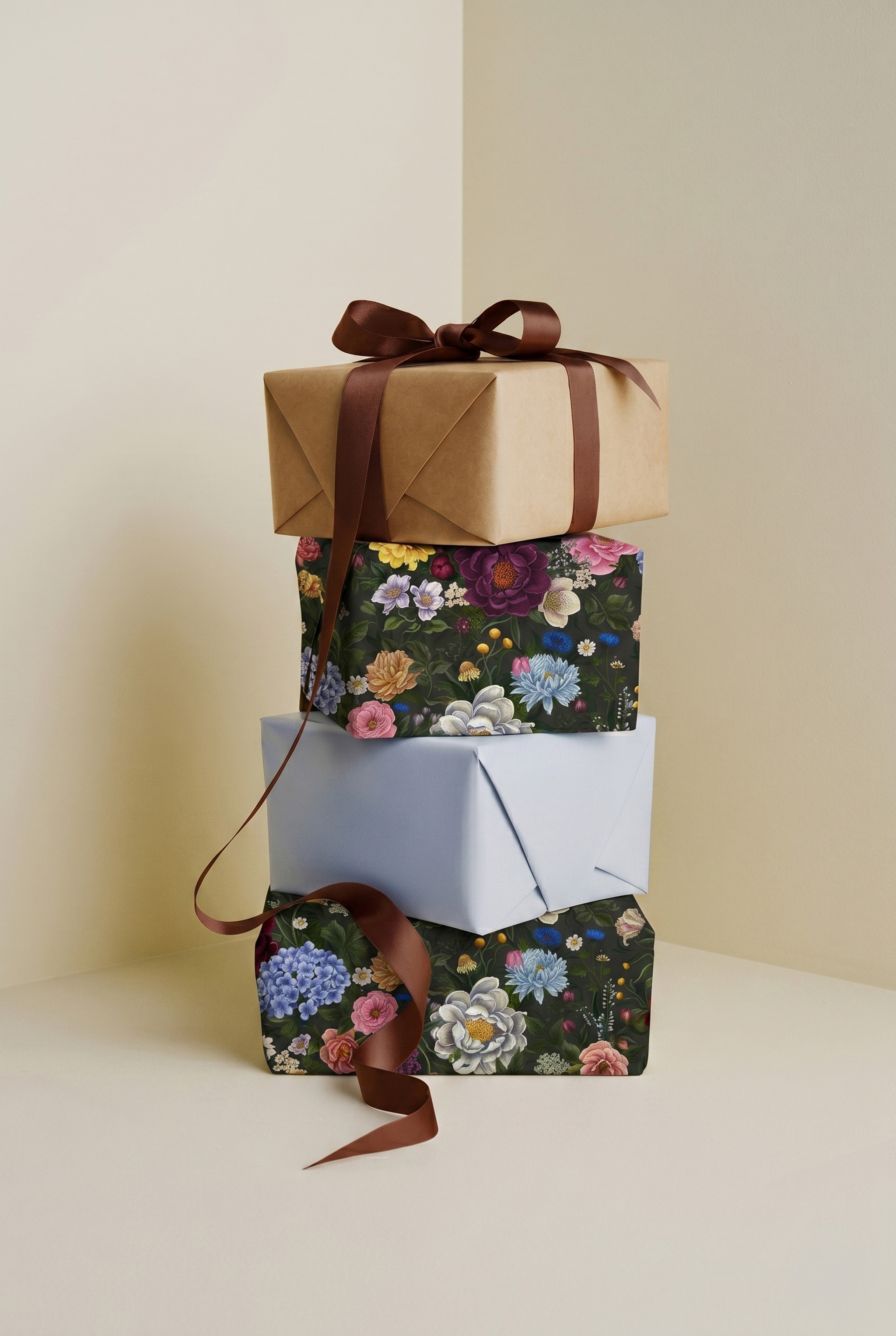 En stapel elegant inslagna presenter med blommigt presentpapper, enfärgat papper och brunt sidenband mot en ljus bakgrund.