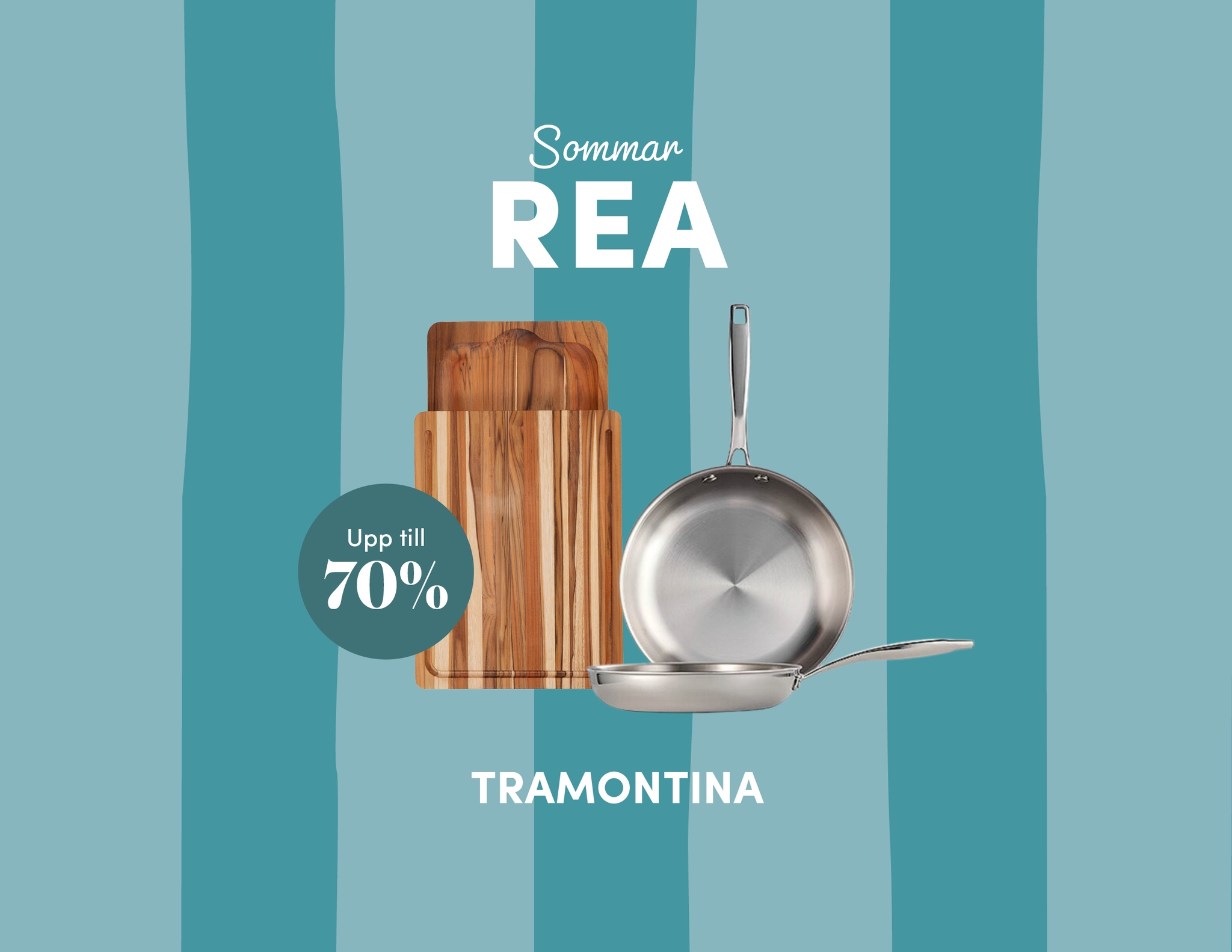 Sommarrea på Tramontina köksprodukter med skärbrädor och stekpannor, upp till 70 % rabatt.