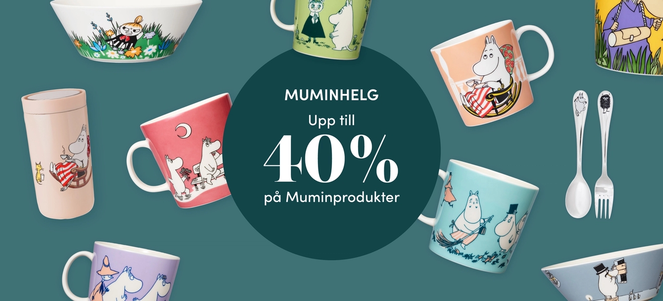 Reklambild med Muminmuggar och skålar runt en text som annonserar upp till 40% rabatt på Muminprodukter.