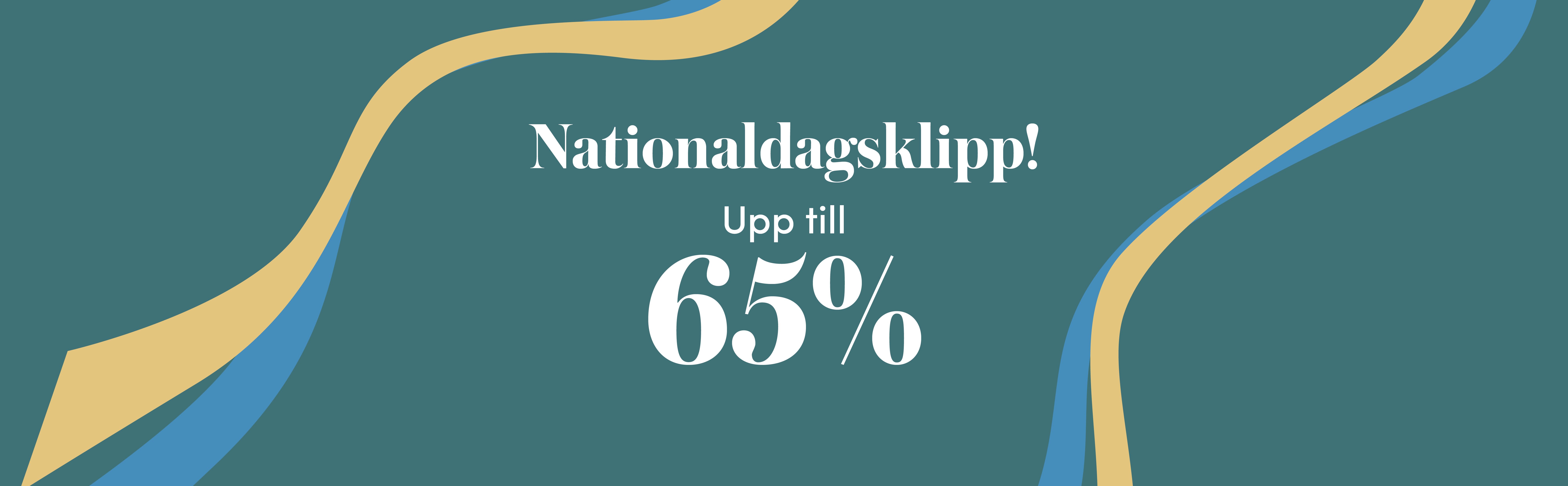 Reklambanner med texten ”Nationaldagsklipp! Upp till 65%” mot grön bakgrund med gula och blå vågformer.