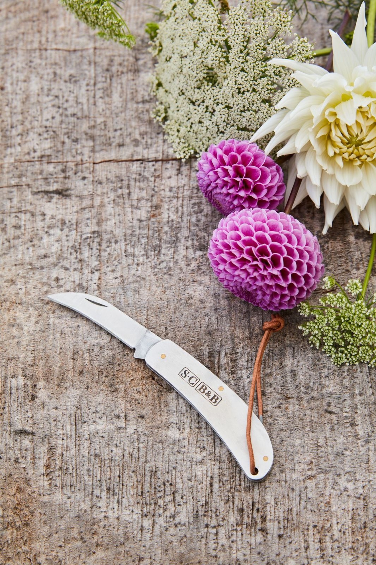 Fickkniv på träbänk med lila blommor
