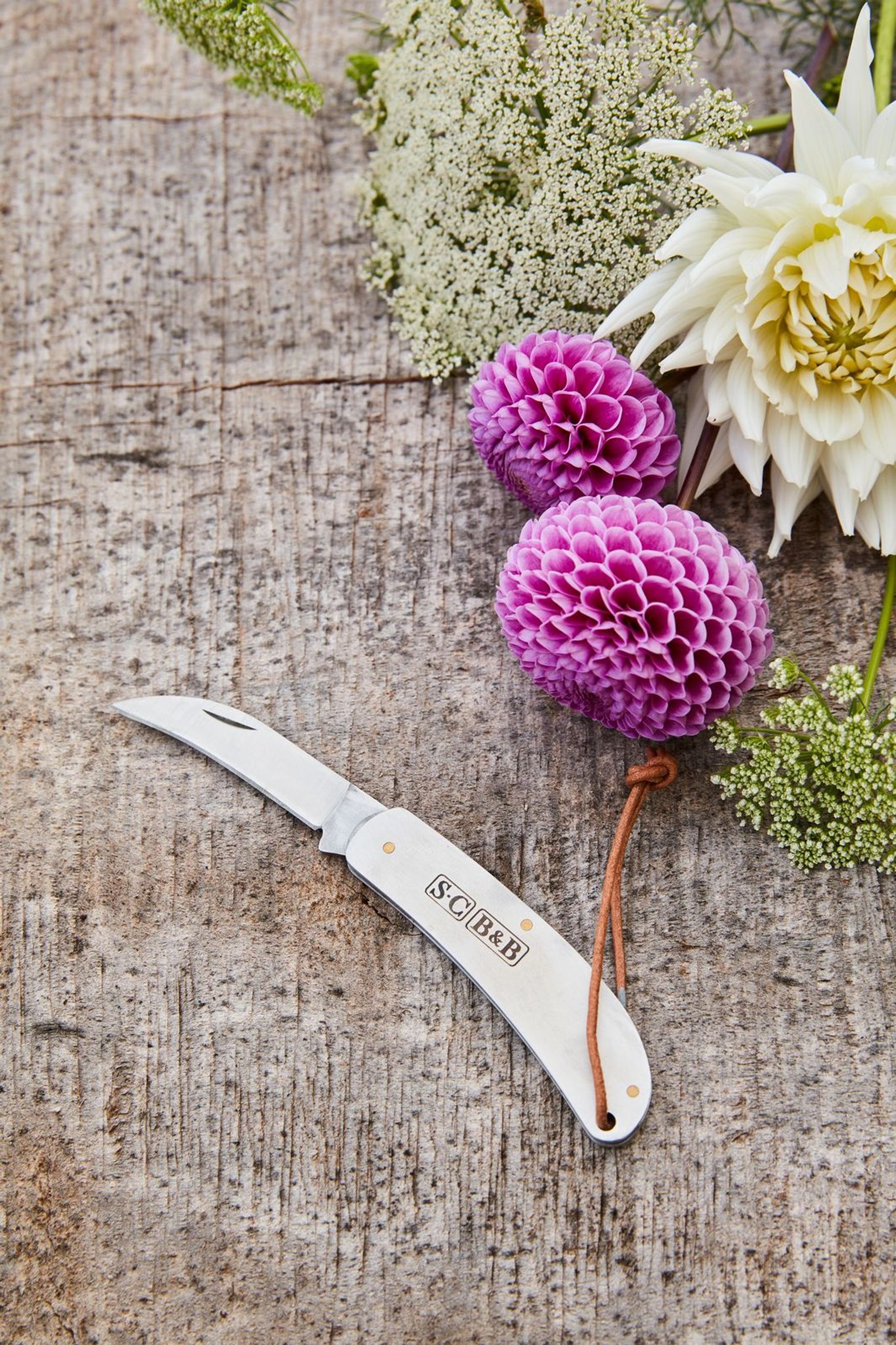 Fickkniv på träbänk med lila blommor