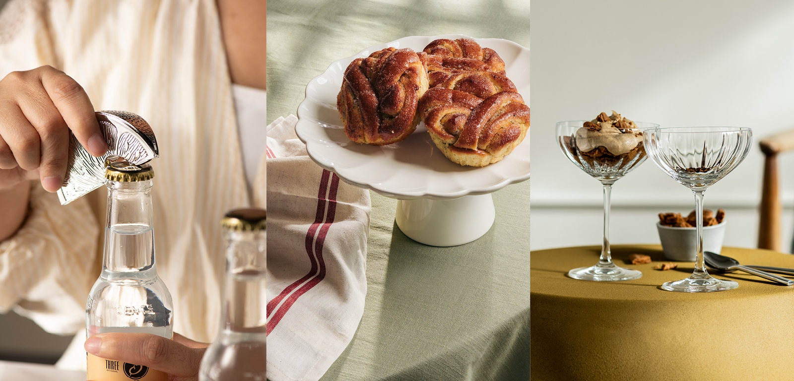 Kollage med flasköppnare, nybakade kanelbullar på kakfat och eleganta dessertglas.