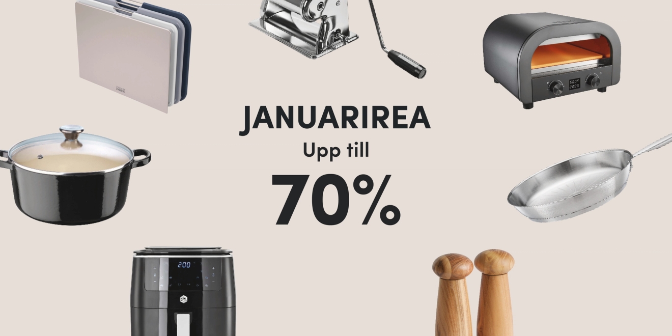 Advertisement for a January Sale offering up to 70% off kitchenware, including a pot, air fryer, pizza oven, and cutting boards.