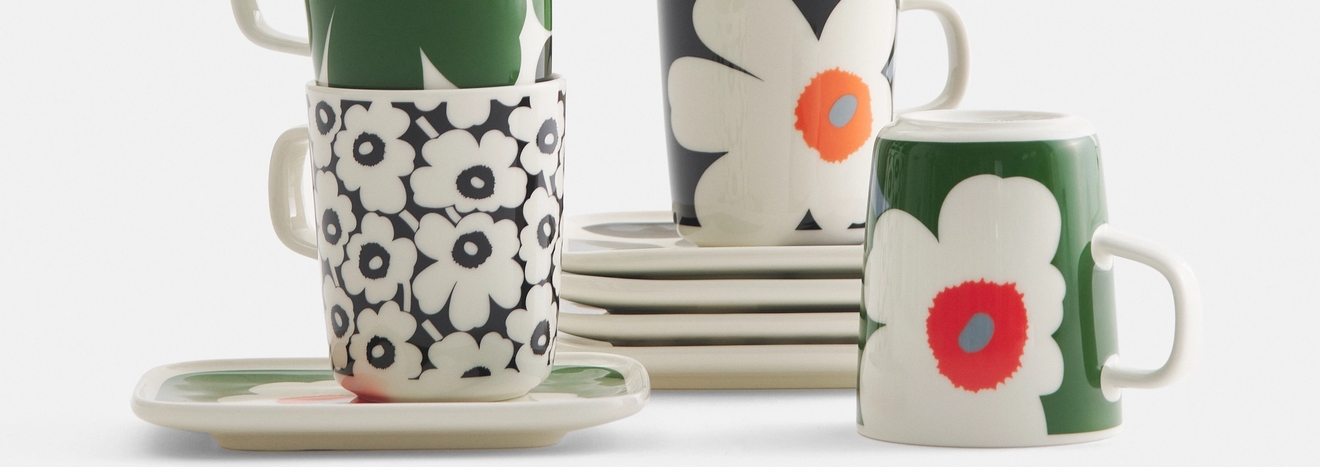 marimekko muki ja lautaset unikko kuosi