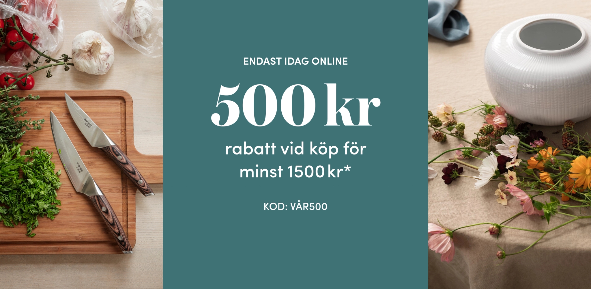 Värdecheck med erbjudandet 500 kr rabatt vid köp för 1500 kr. Vårig bild med blommor och kökstillsbehör