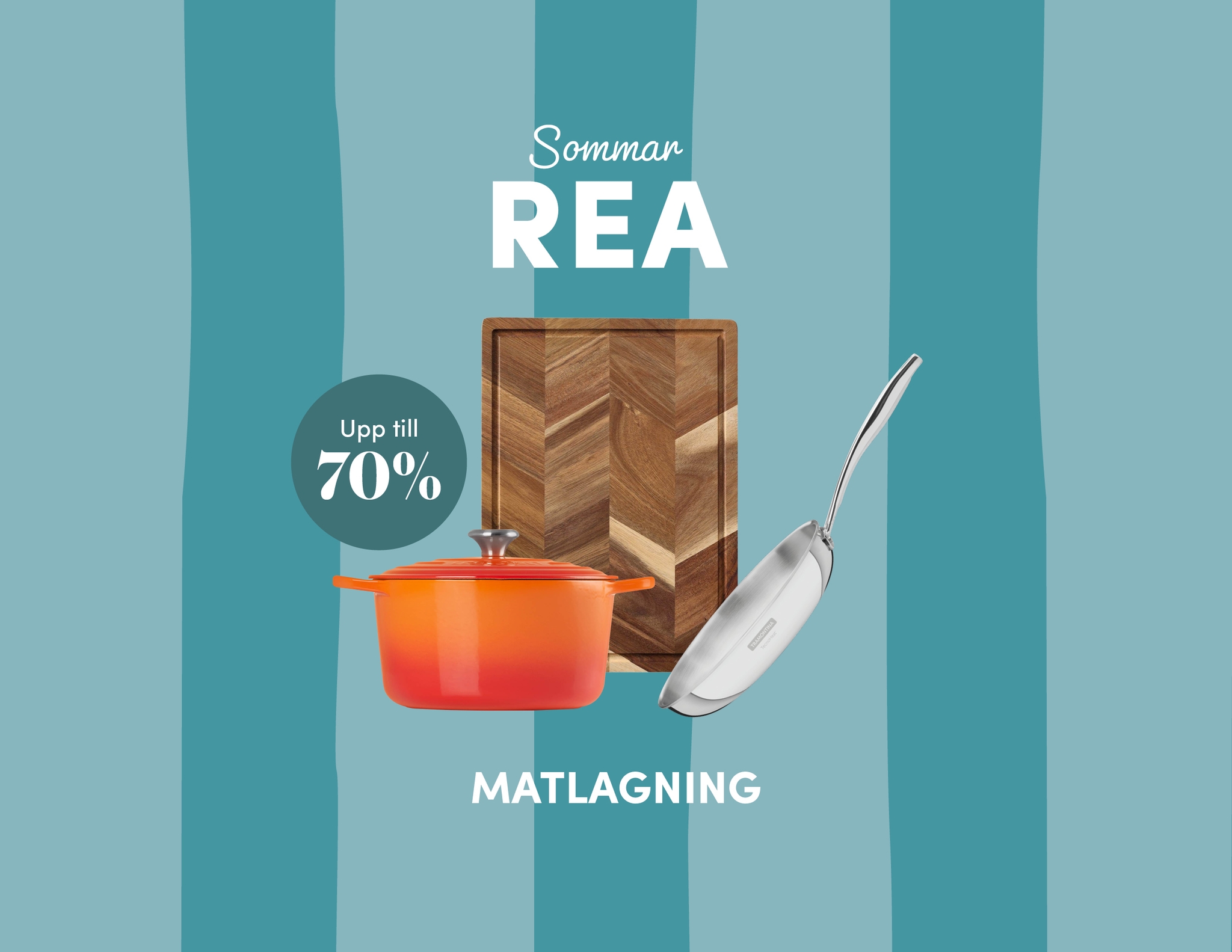 Sommarrea på matlagningstillbehör med gryta, stekpanna och skärbräda, upp till 70% rabatt.