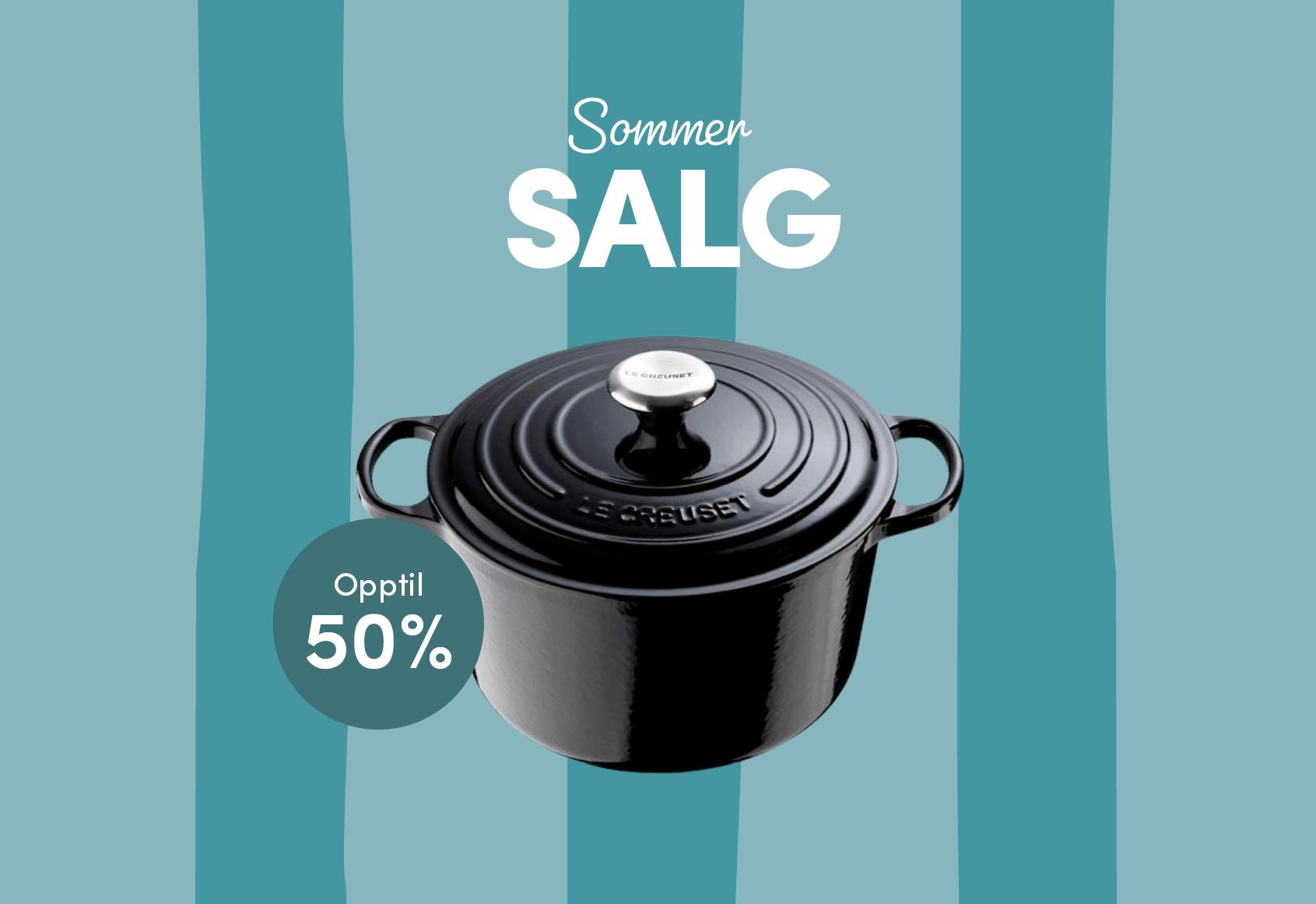 Sommerkampanje med svart Le Creuset-gryte og tekst om opptil 50 % rabatt.