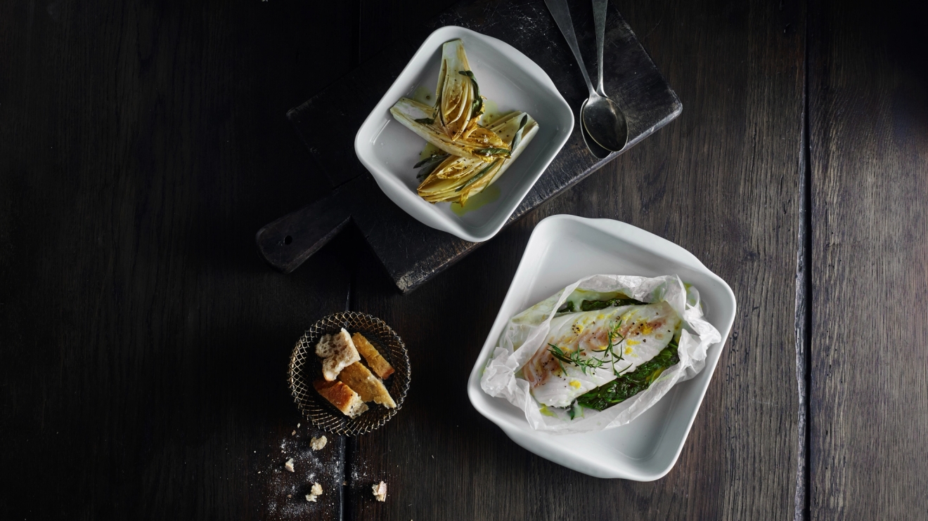 Pillivuyt lasagneform med bakad fisk
