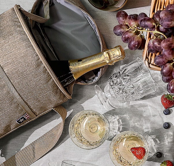 there is a picnic bag with a bottle of champagne in it .
