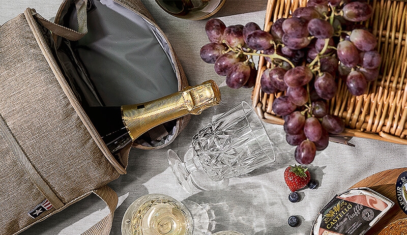 Kylmälaukku piknikviltillä juustotarjottimen viinirypäleiden ja juoman kera