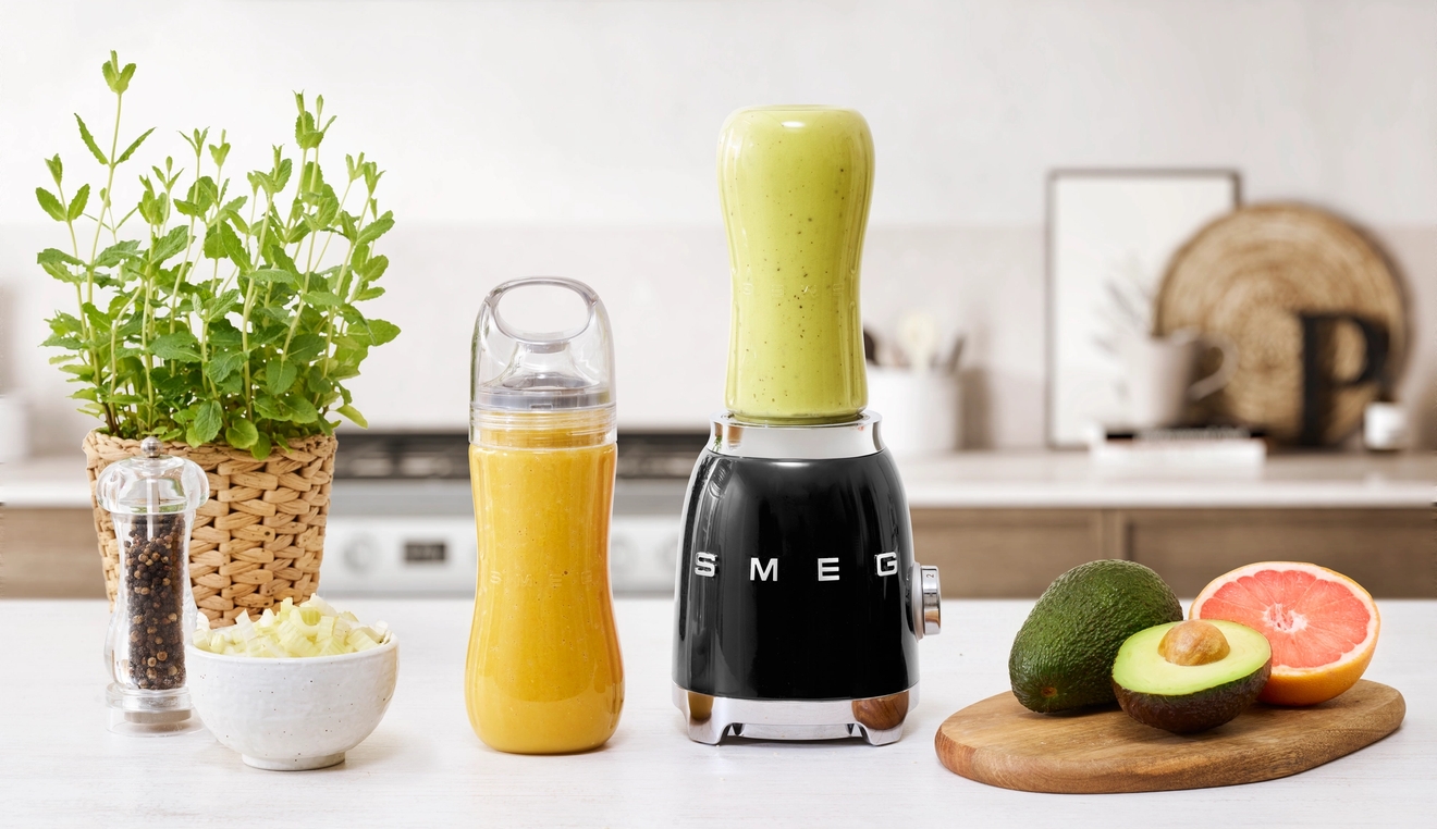 En svart Smeg-blender med en lysegrønn smoothiekopp, en oransje smoothieflaske, fersk avokado og en halv grapefrukt på en kjøkkenbenk.