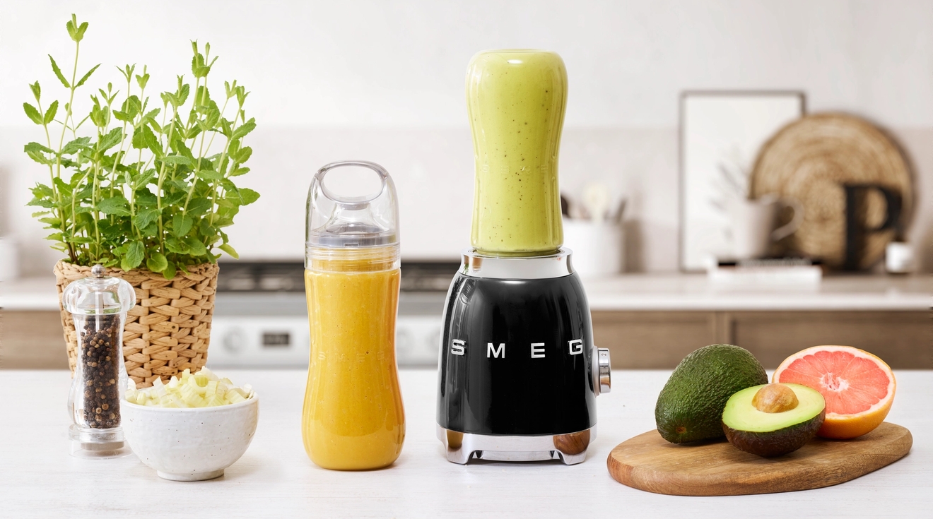 En svart Smeg-mixer med en ljusgrön smoothiekopp, en orange smoothieflaska, färsk avokado och en halv grapefrukt på en köksbänk.