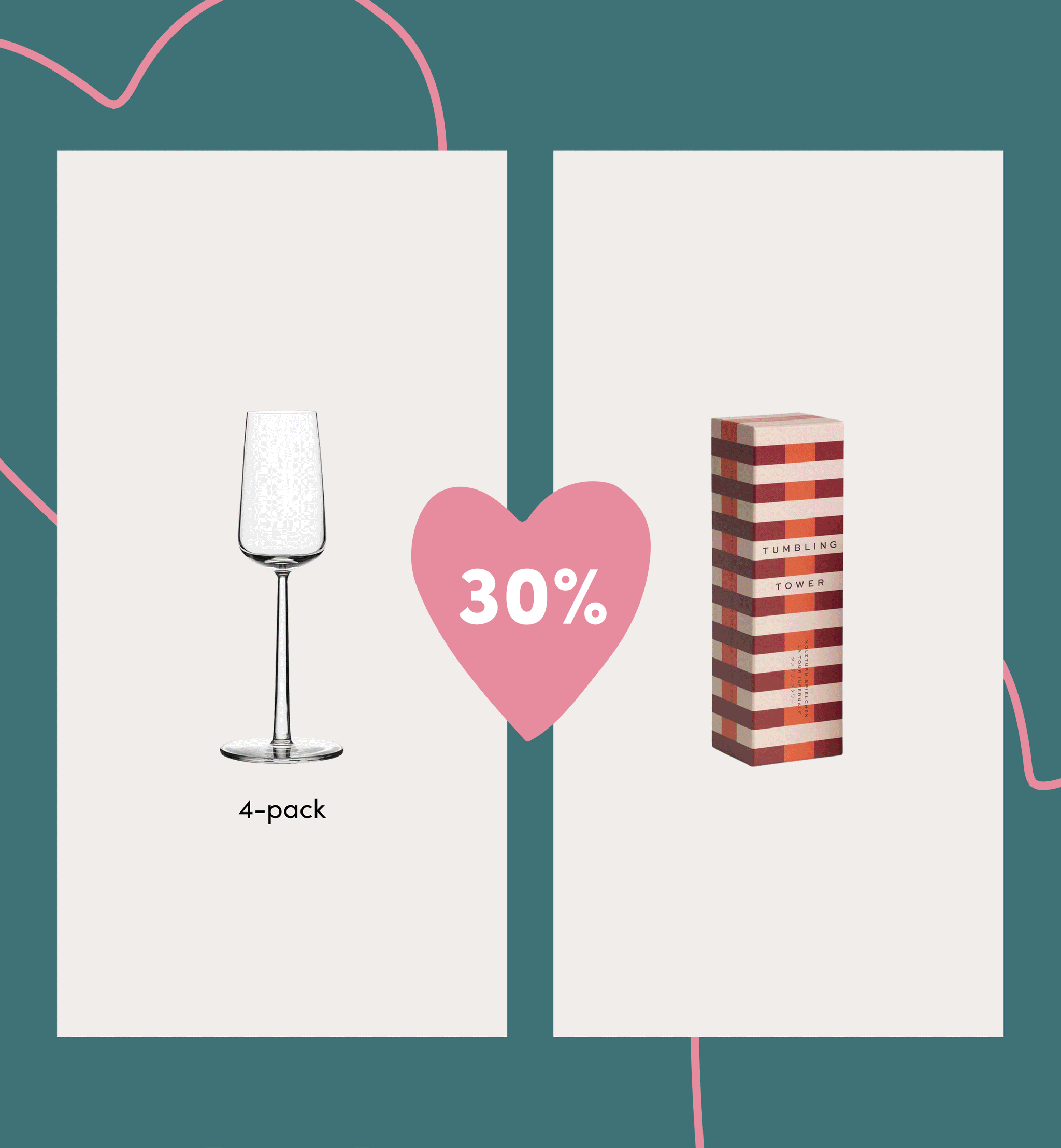 A 4-pack of champagne flutes and a Tumbling Tower game box, with a pink heart displaying 30%.