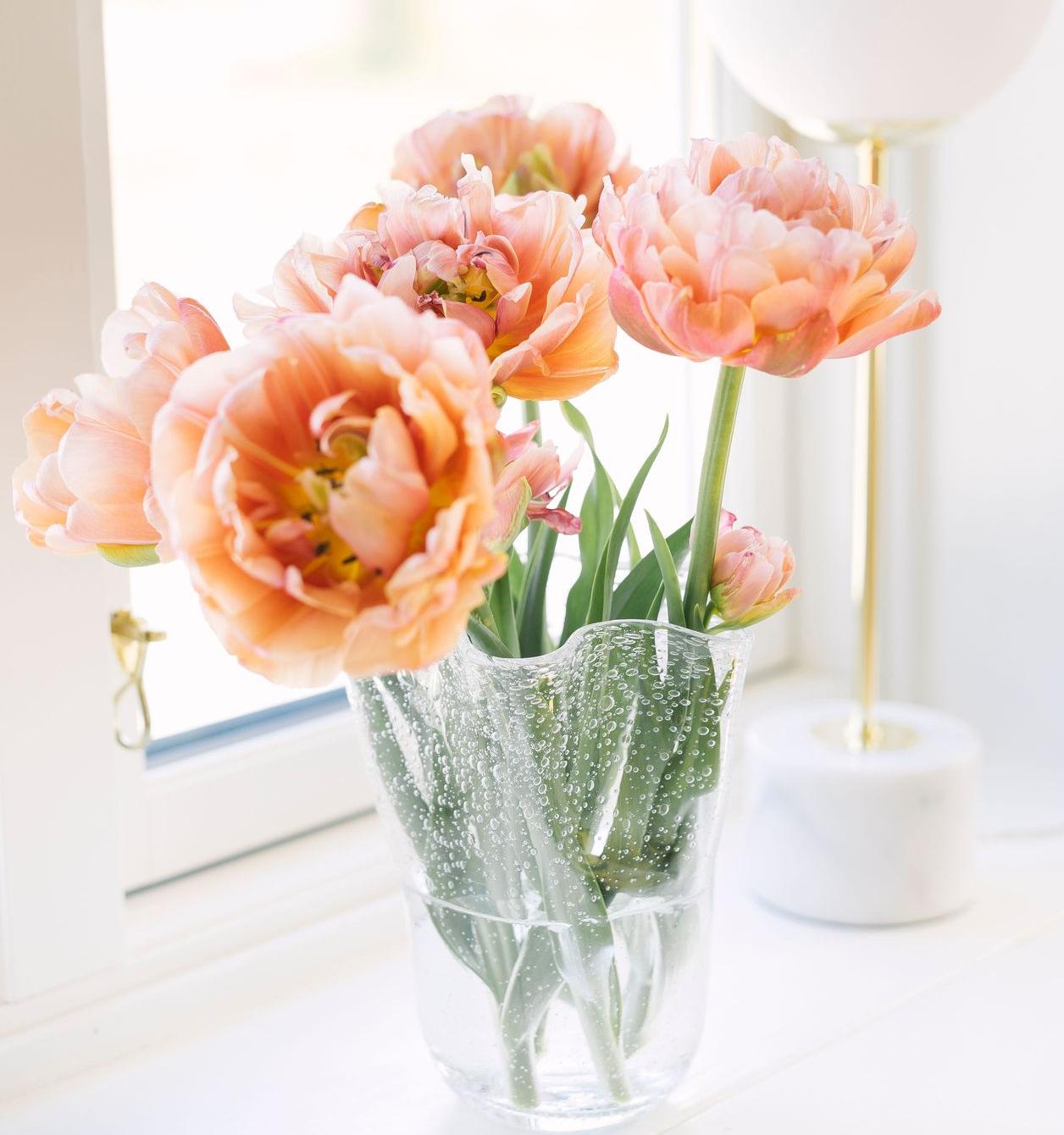 Lasinen tulppaanimaljakko ja tulppaanit ikkunalaudalla