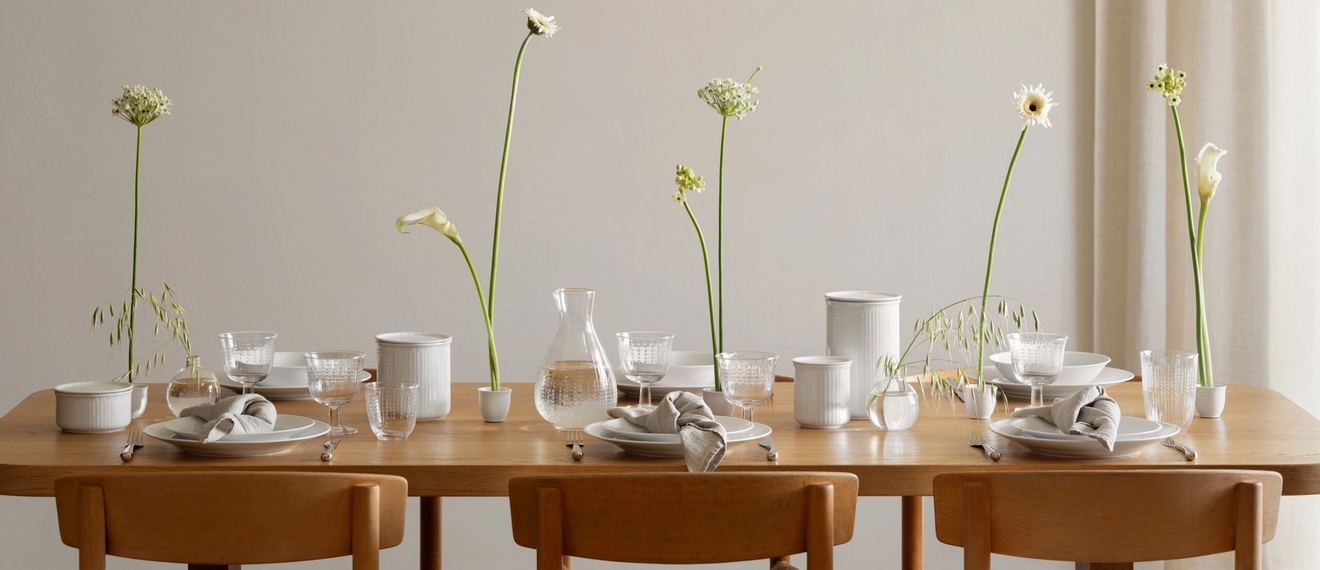 Dukning med vitt porslin och glas från Rörstrand Swedish Grace