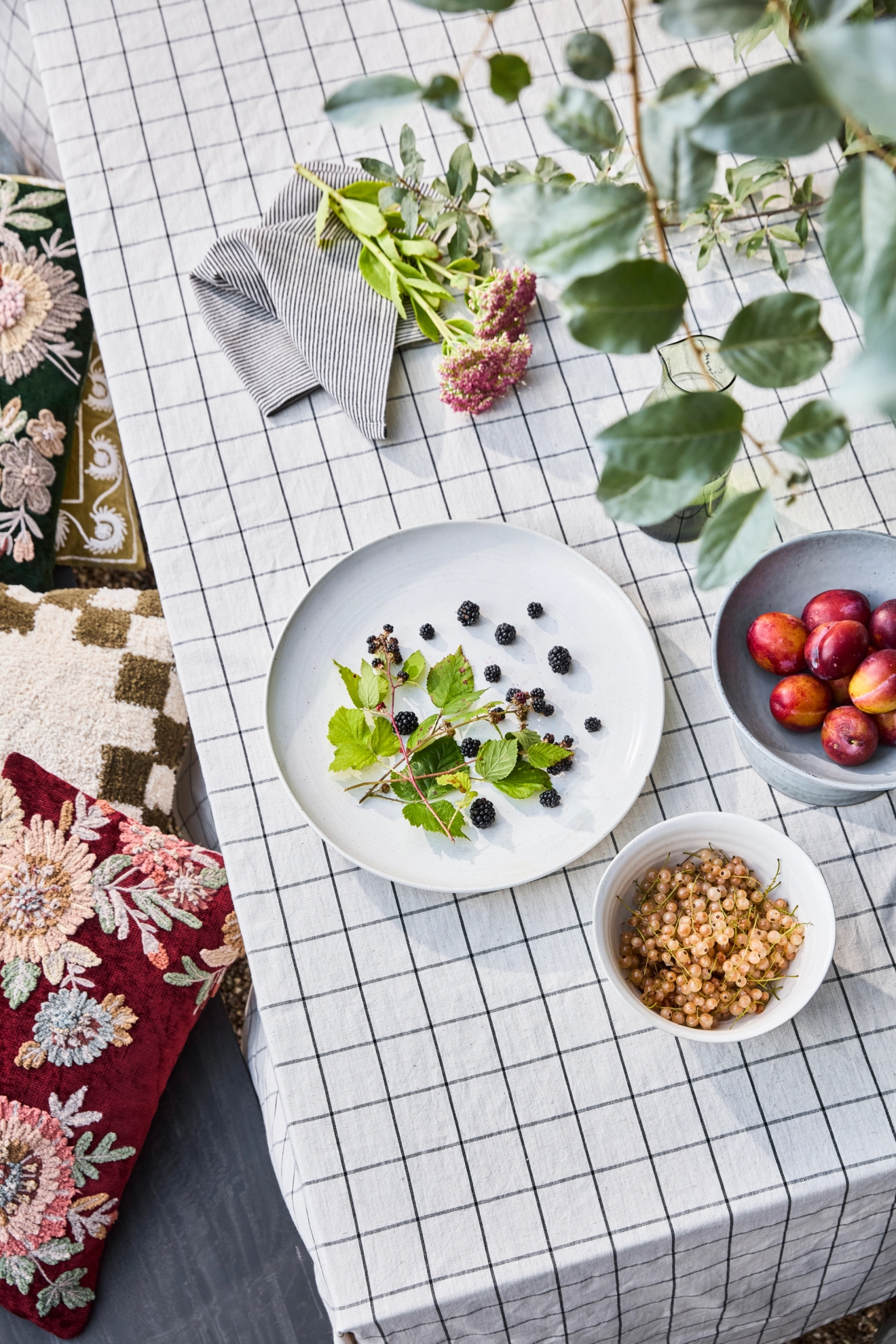 En hvit rutemønstret duk inneholder et fat med bjørnebær, skåler med plommer og hvite rips, en serviett med blomster og broderte puter.