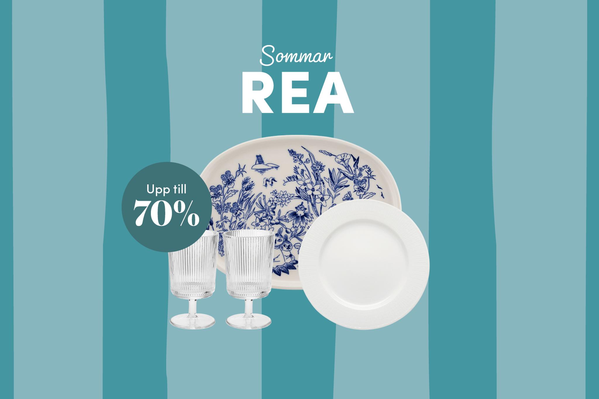 Sommarrea på porslin och glas med upp till 70% rabatt mot turkosrandig bakgrund.