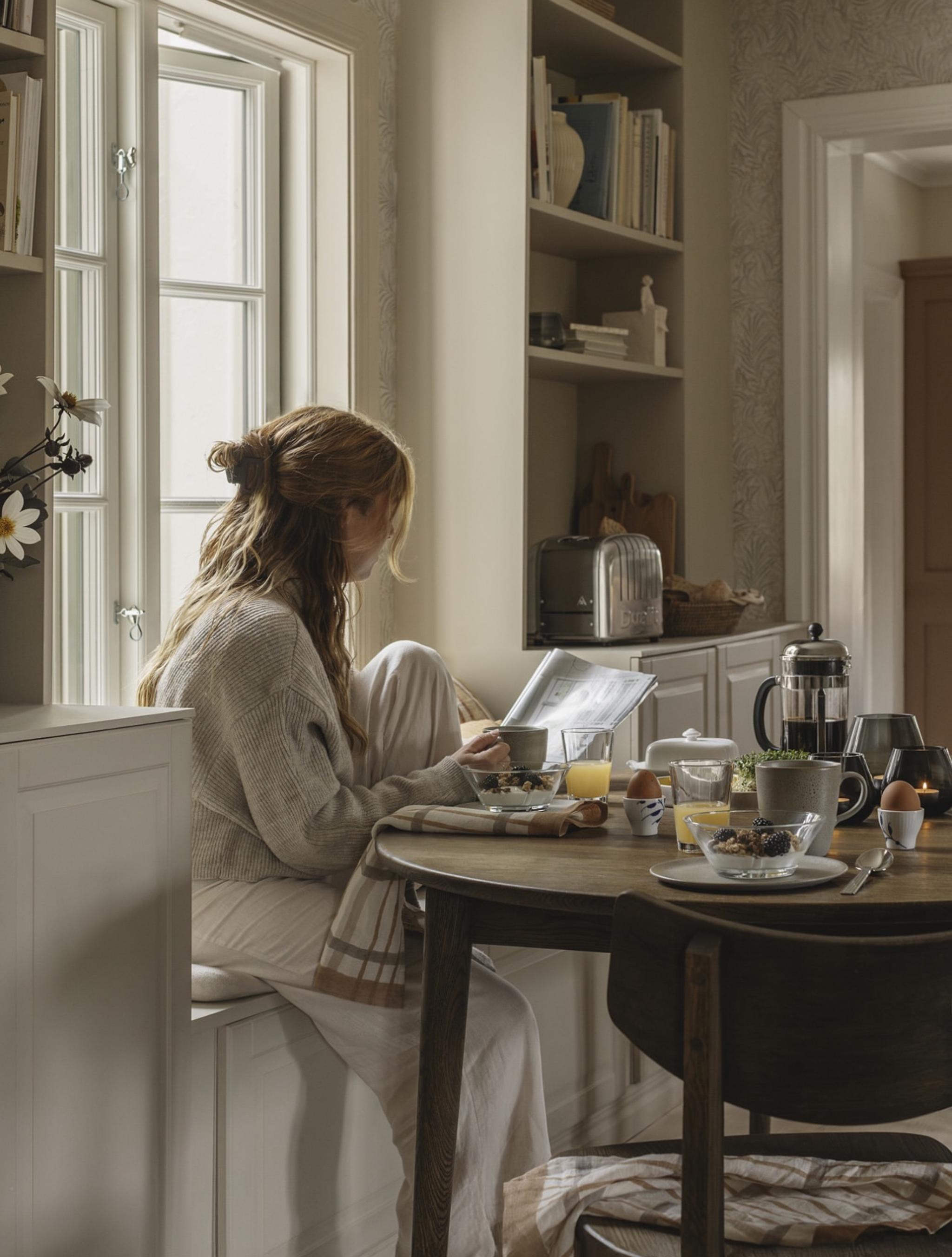 En kvinna sitter vid frukostbordet och läser en tidning