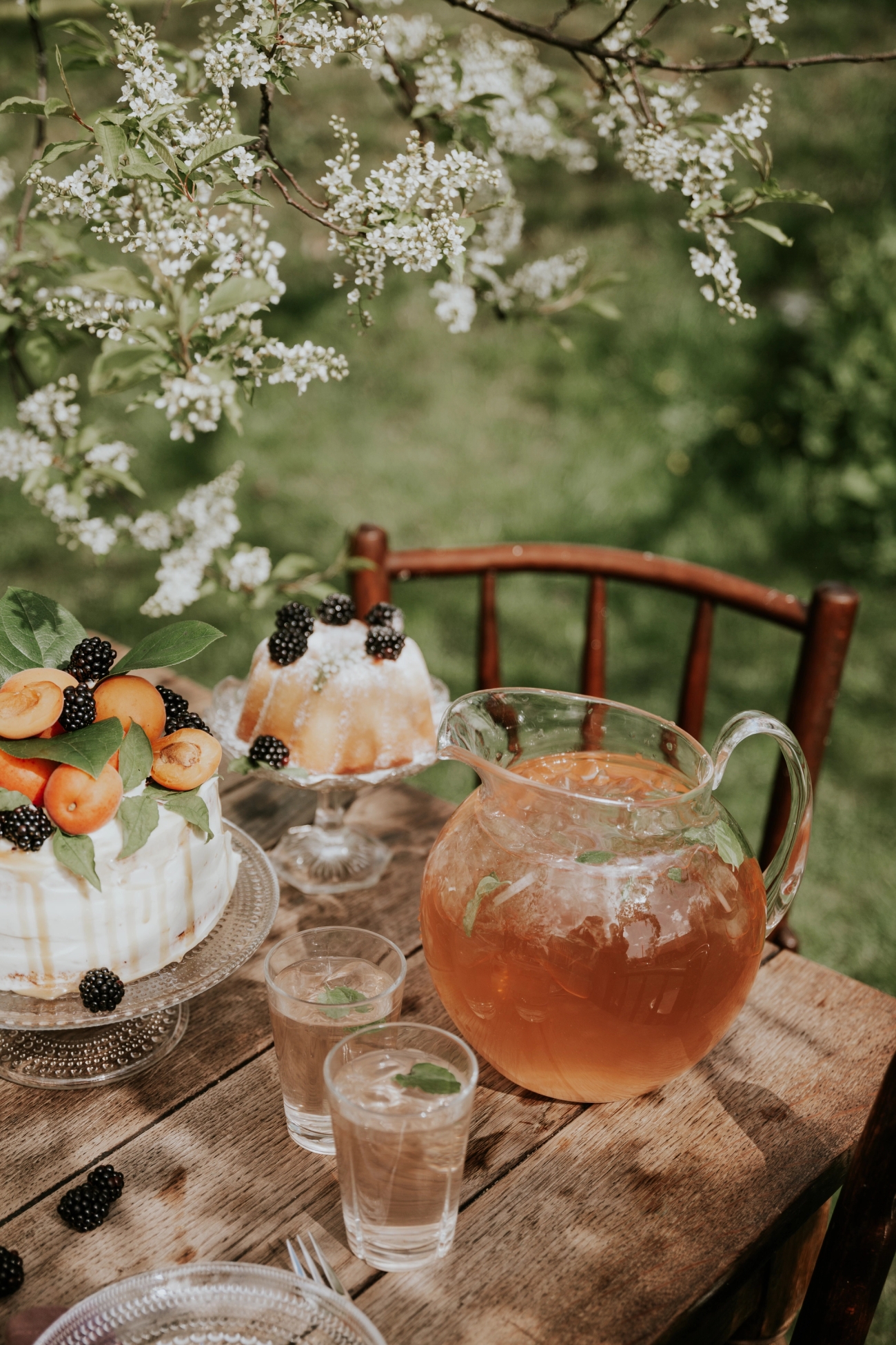 Saftkanna fylld med saft på ett bord med en tårta i trädgården