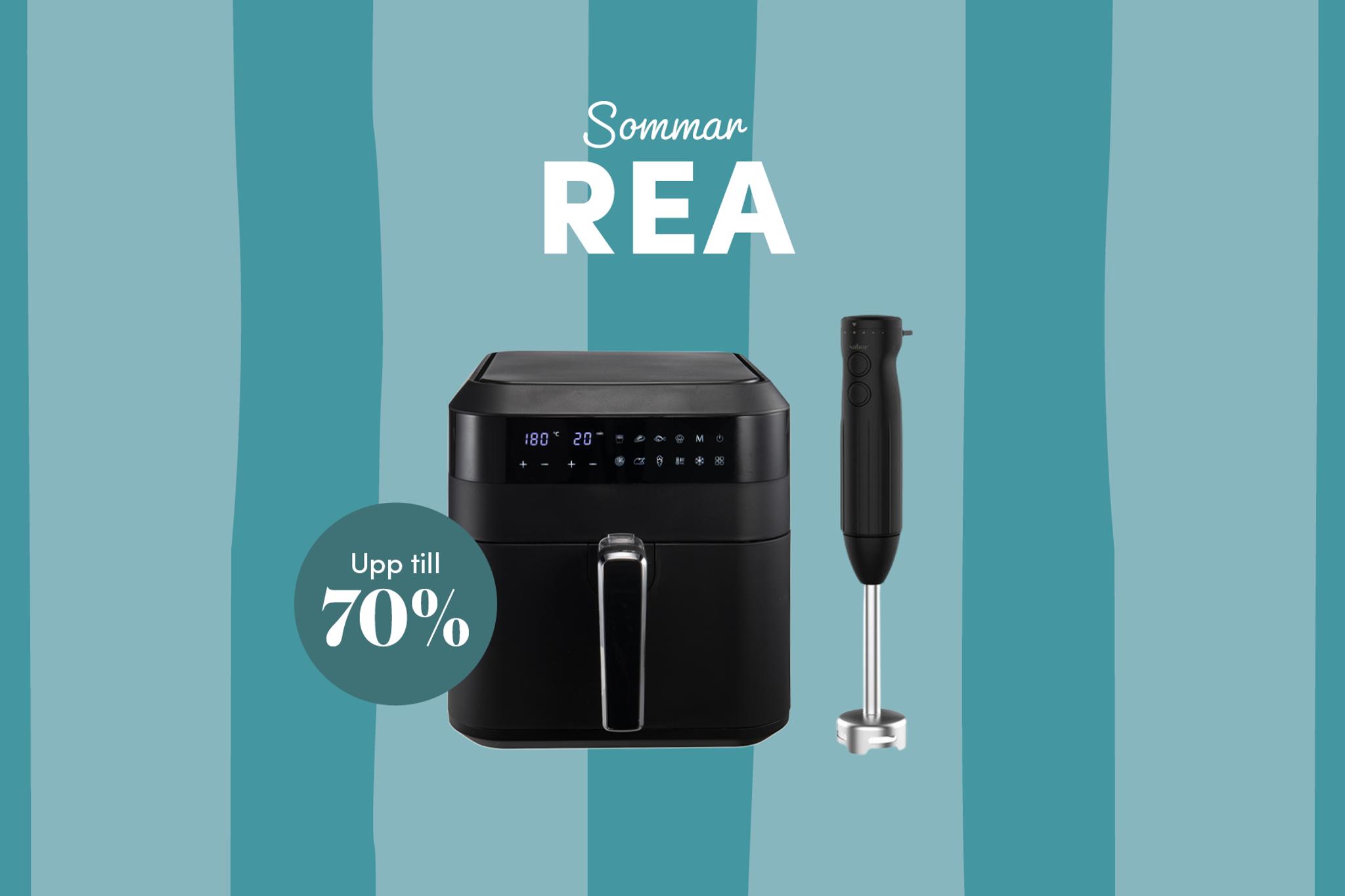 Sommarrea på köksprodukter med svart airfryer och stavmixer, upp till 70 % rabatt.