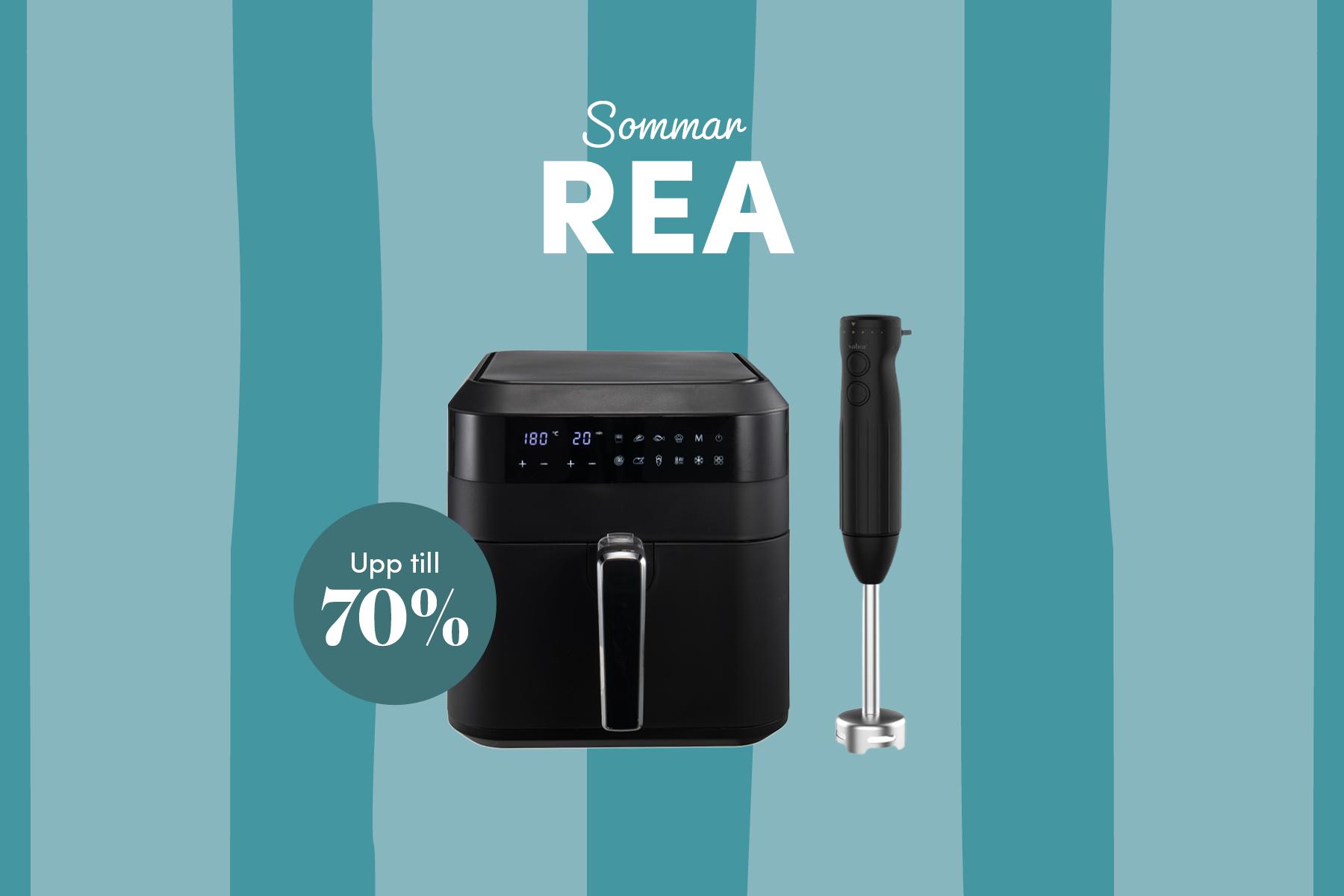 Sommarrea på köksprodukter med svart airfryer och stavmixer, upp till 70 % rabatt.