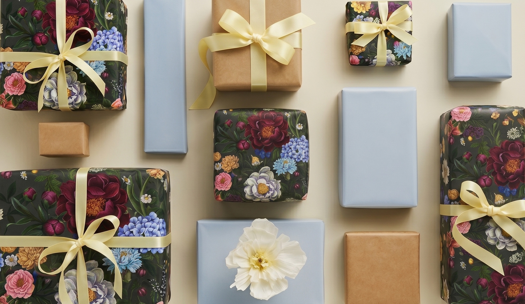 Flera prydligt inslagna presenter i blått, brunt och blommigt presentpapper med gula band ligger ordnade på ett ljust underlag.